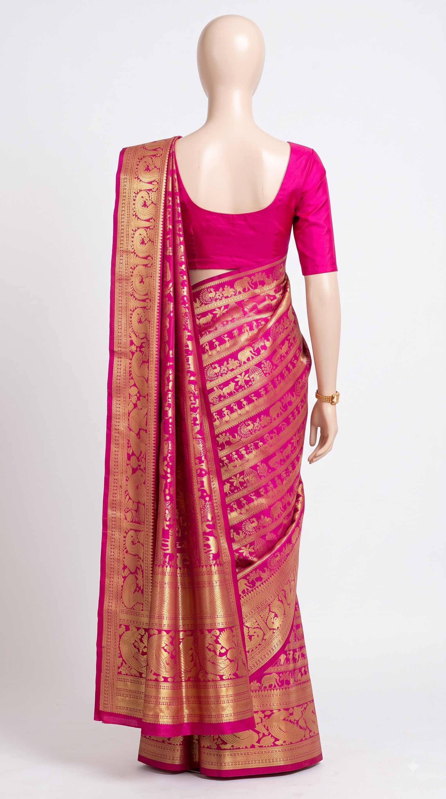Pure Kanjivaram Silk Saree – Rani Pink Gold Elephant Motif view 4 - Rangam Saradha Silks