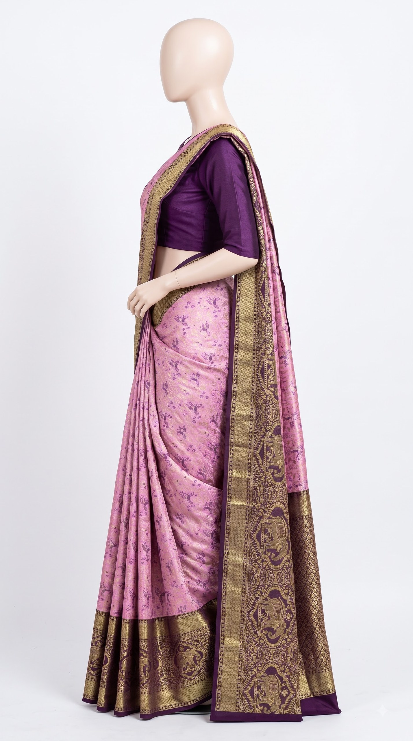 Lilac Silk Saree with Antique Zari Elephant Motif Border view 3 - Rangam Saradha Silks