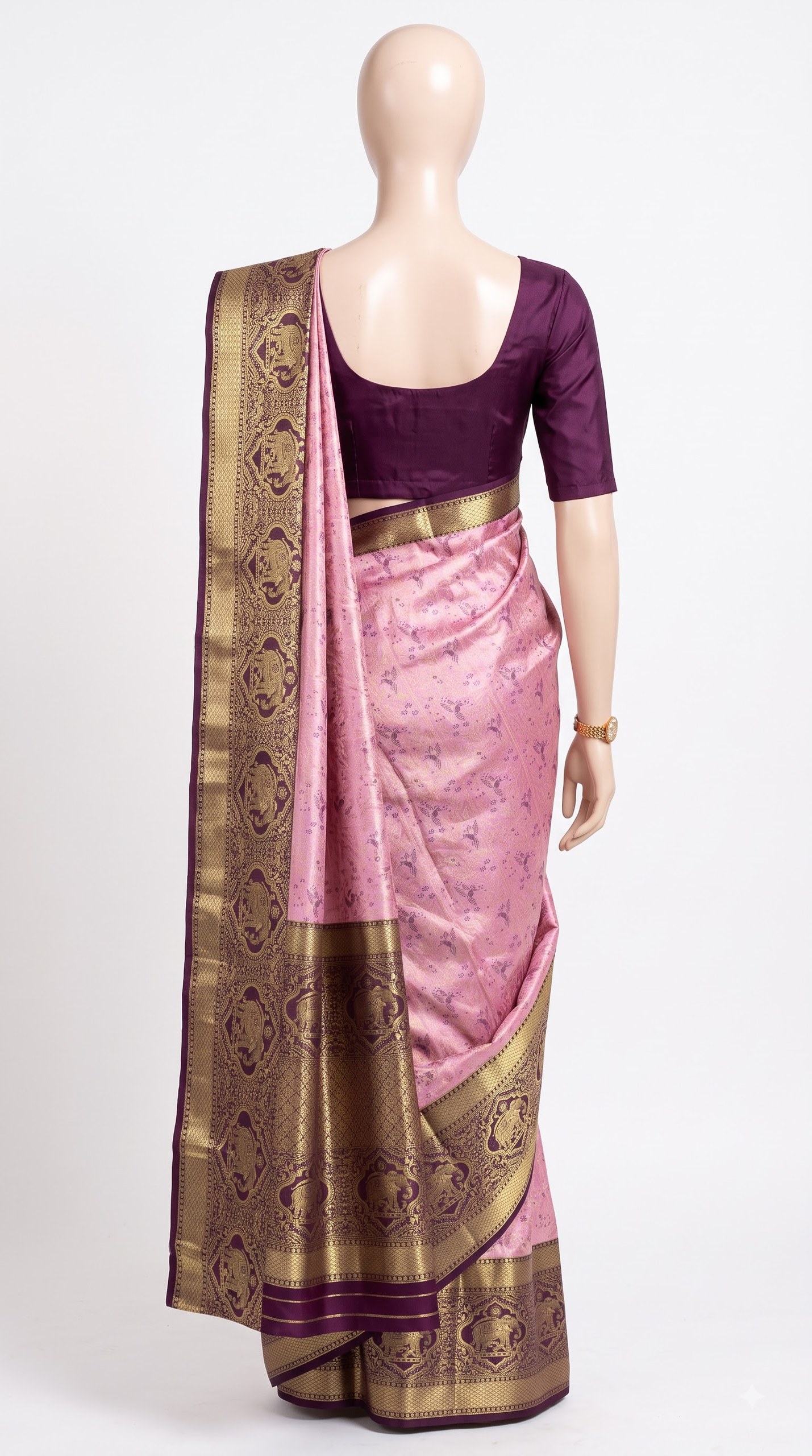 Lilac Silk Saree with Antique Zari Elephant Motif Border view 4 - Rangam Saradha Silks