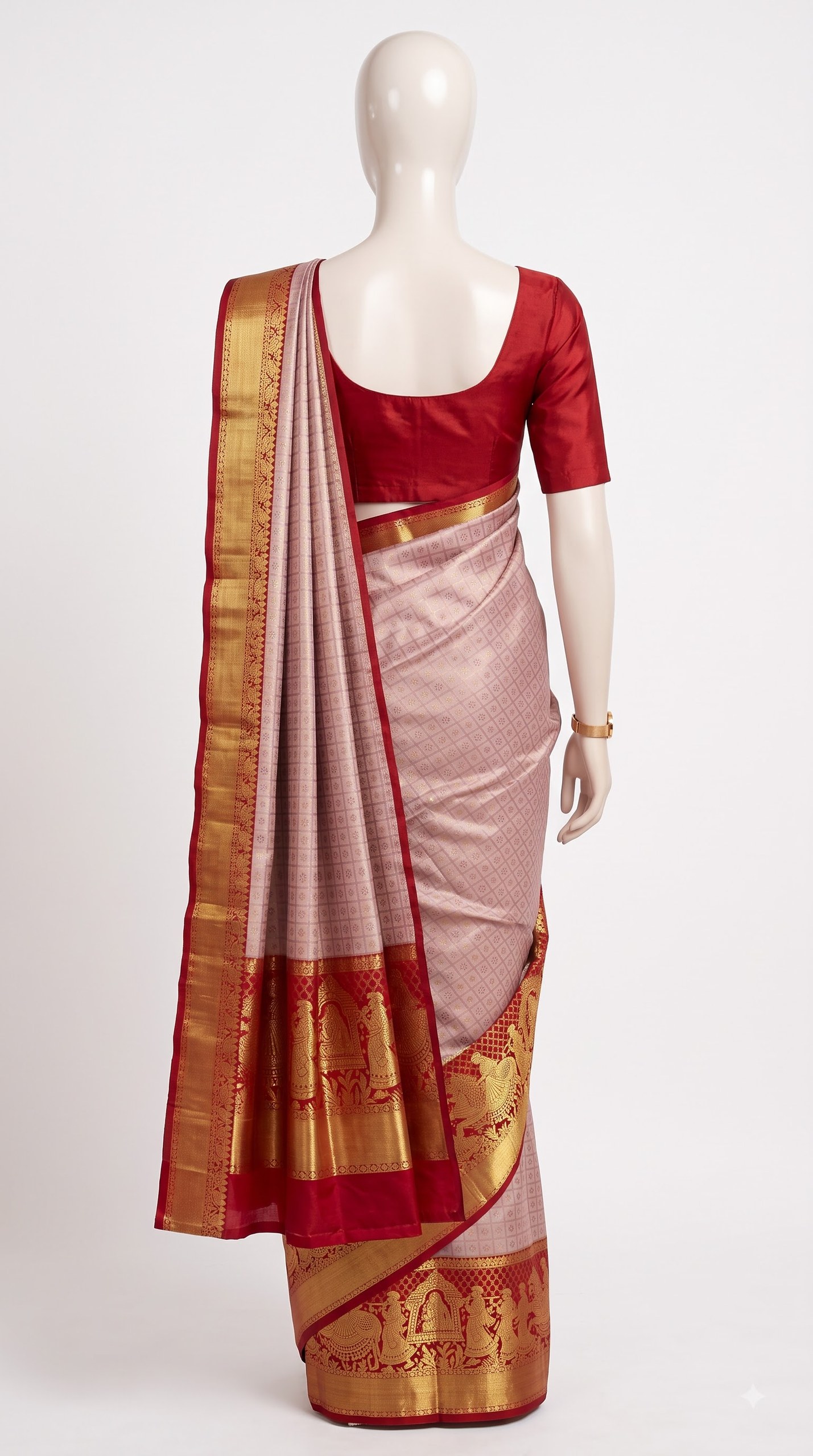 Pure Kanjivaram Silk Saree – Ivory Red Gold Temple Procession view 8 - Rangam Saradha Silks