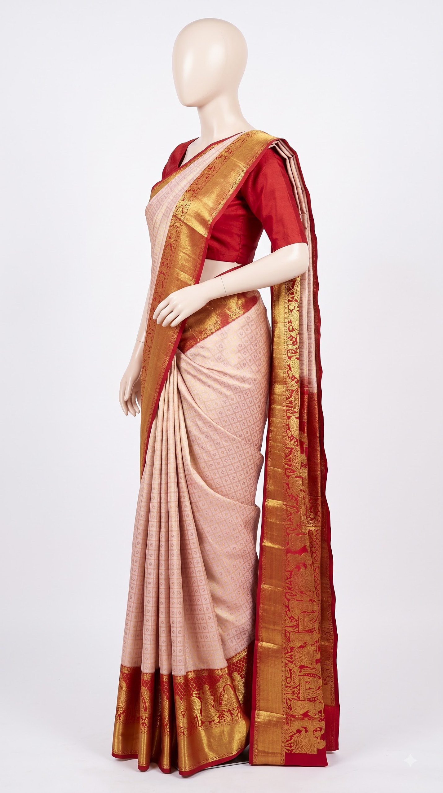 Pure Kanjivaram Silk Saree – Ivory Red Gold Temple Procession view 5 - Rangam Saradha Silks