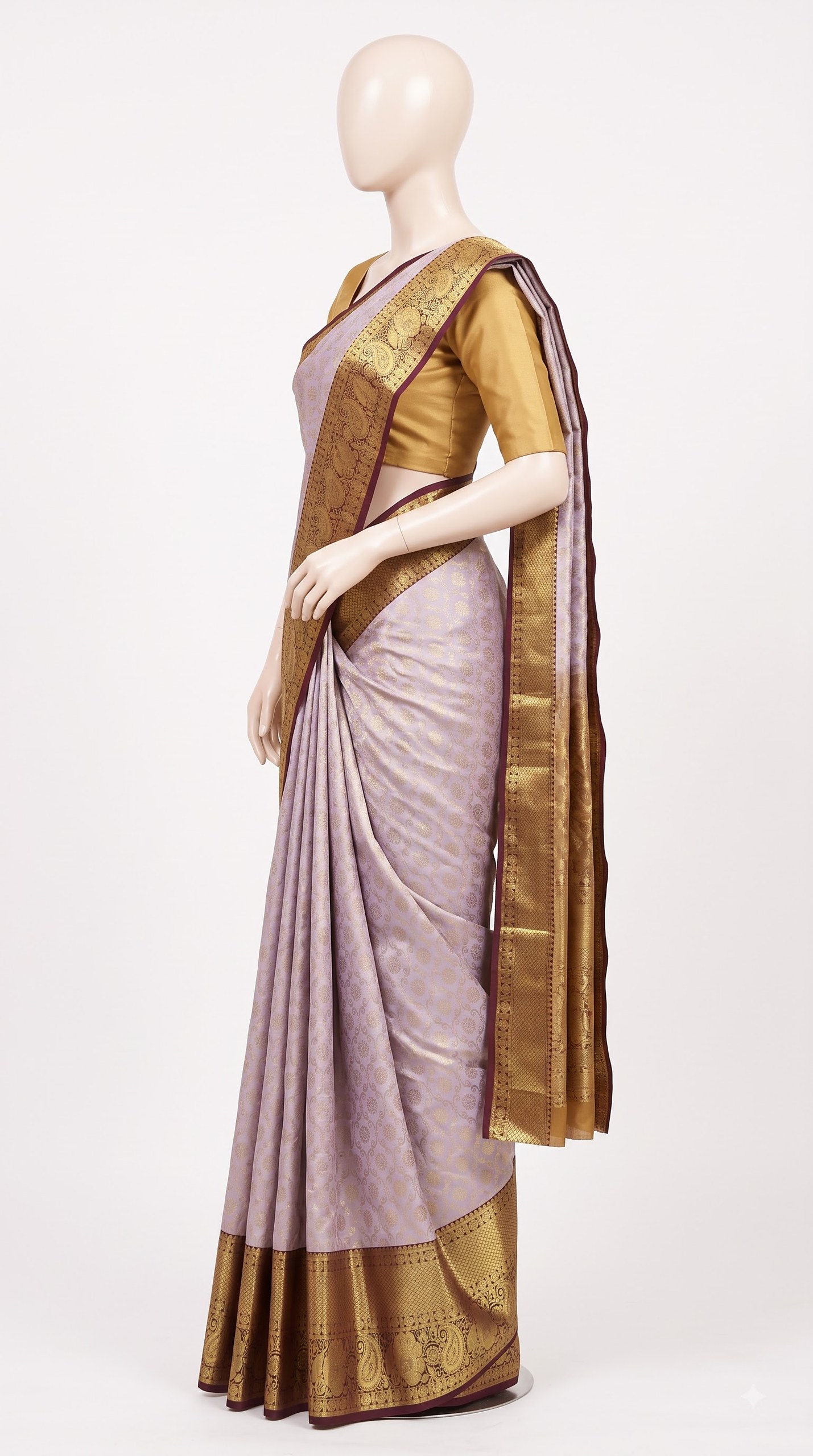 Lavender Silk Saree with Antique Gold Paisley Zari Border view 2 - Rangam Saradha Silks