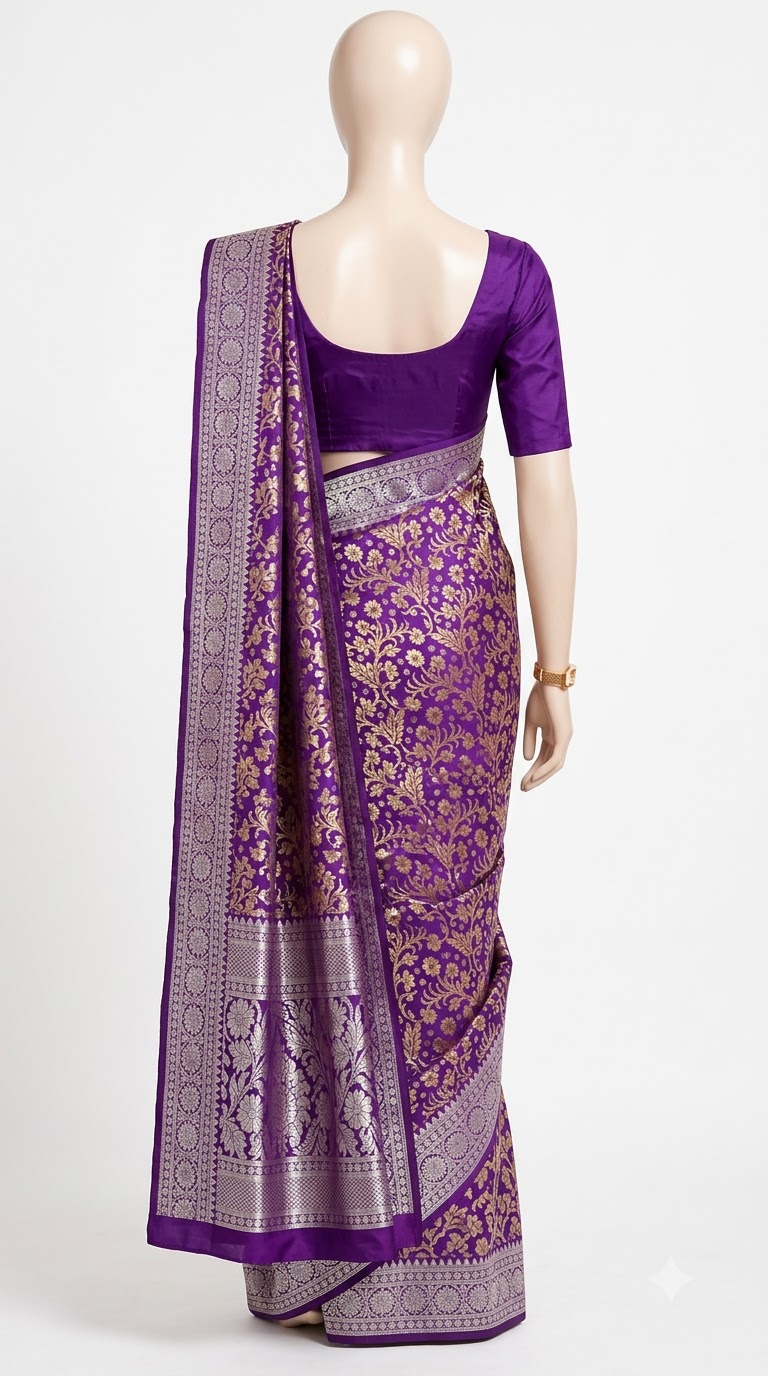 Pure Kanjivaram Silk Saree – Royal Purple Gold Floral view 3 - Rangam Saradha Silks