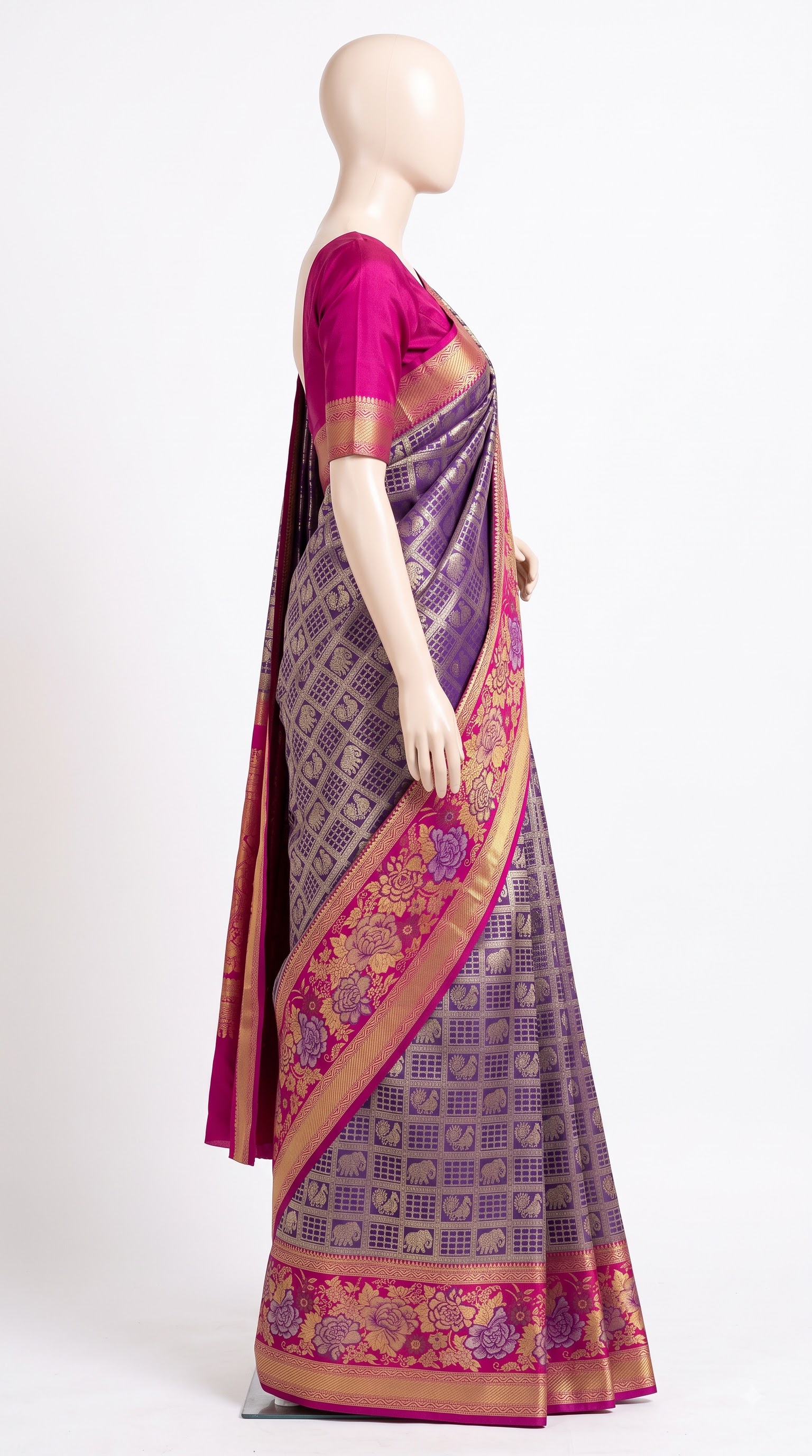Pure Kanjivaram Silk Saree – Antique Gold Purple Elephant view 3 - Rangam Saradha Silks