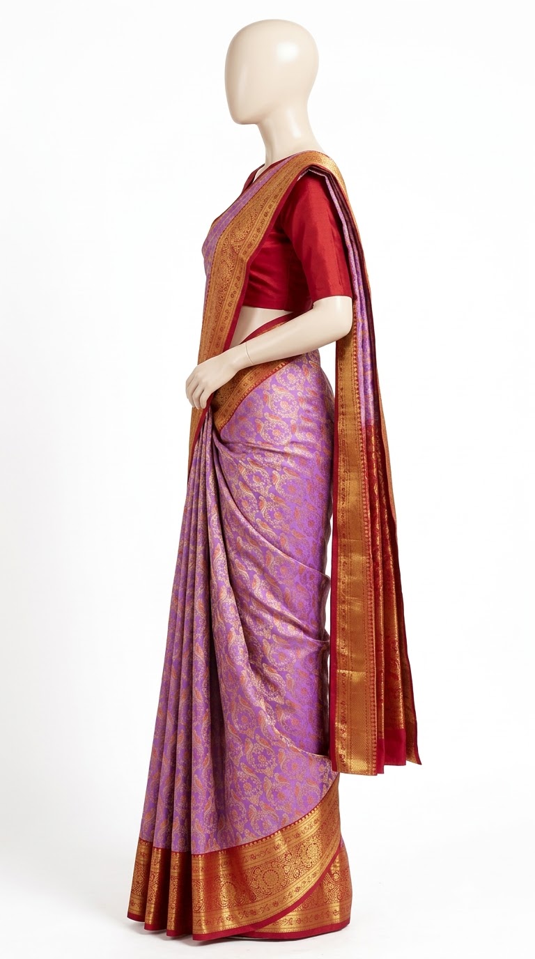 Pure Kanjivaram Silk Saree – Lavender Purple Gold view 3 - Rangam Saradha Silks