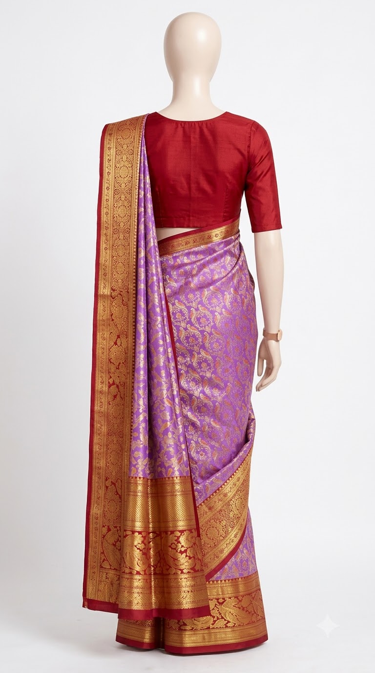 Pure Kanjivaram Silk Saree – Lavender Purple Gold view 4 - Rangam Saradha Silks