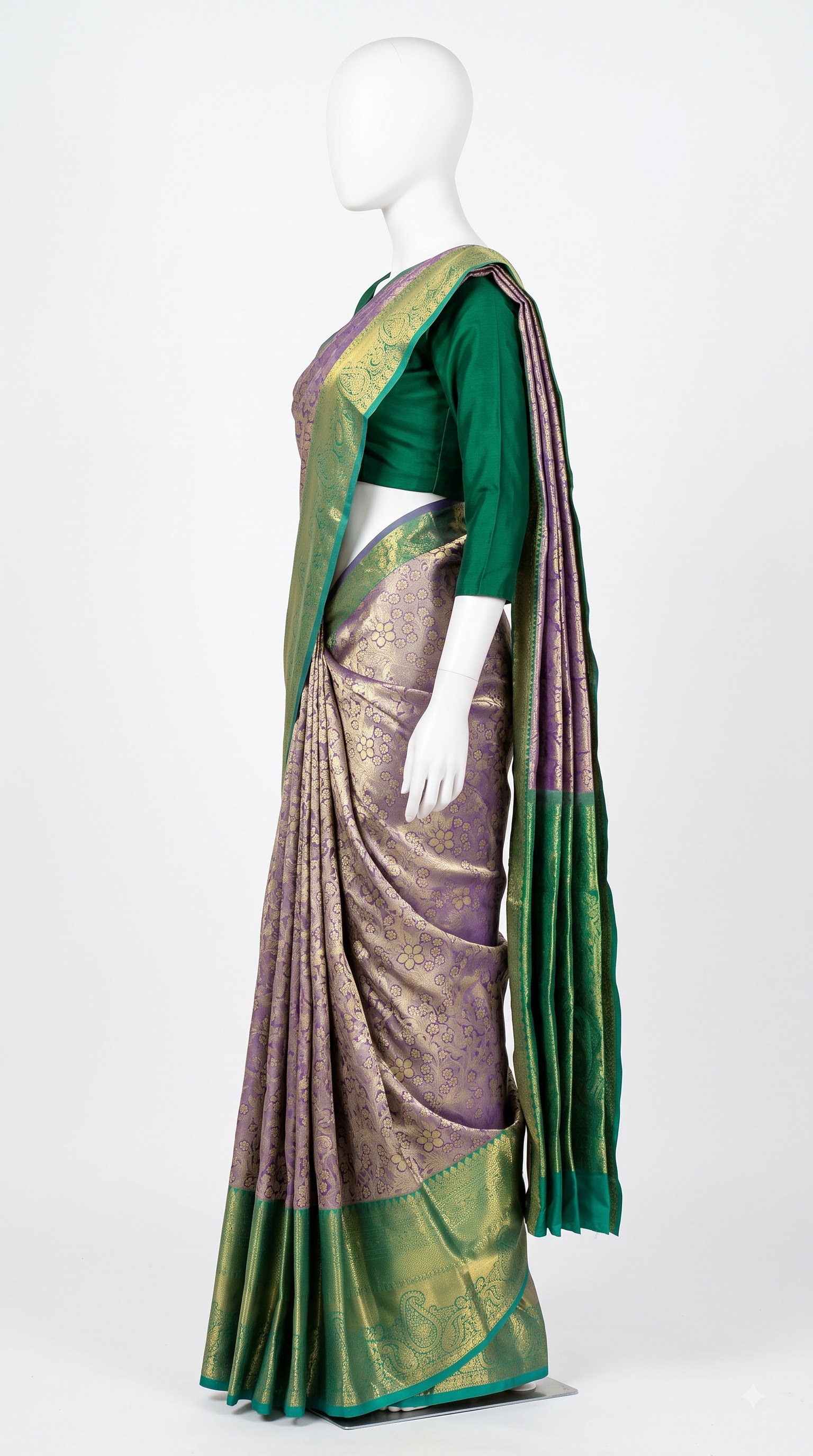 Pure Kanjivaram Silk Saree – Lavender Gold Teal Floral view 3 - Rangam Saradha Silks