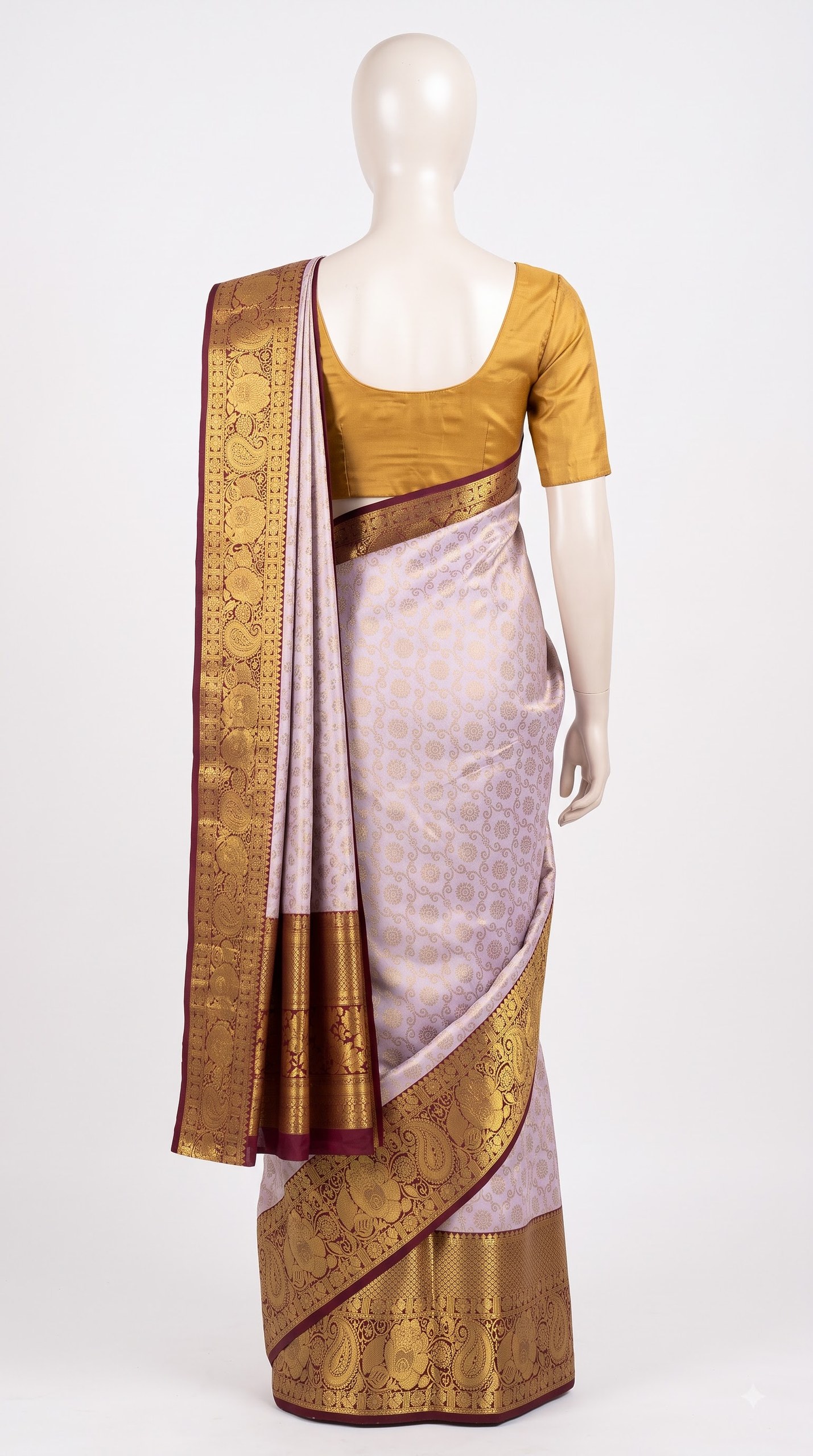Lavender Silk Saree with Antique Gold Paisley Zari Border view 3 - Rangam Saradha Silks