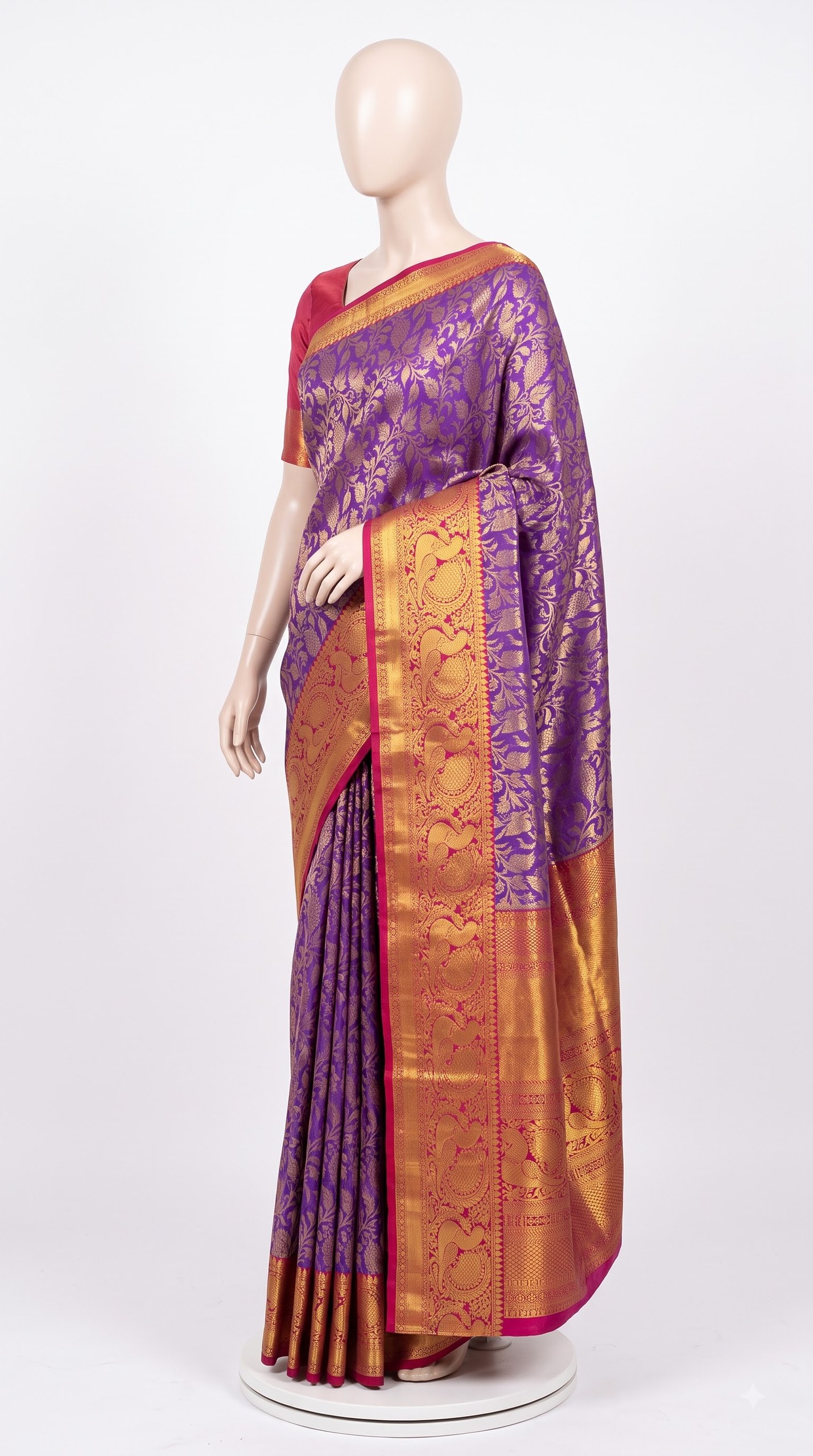 Pure Kanjivaram Silk Saree – Lavender Gold Magenta Floral view 3 - Rangam Saradha Silks