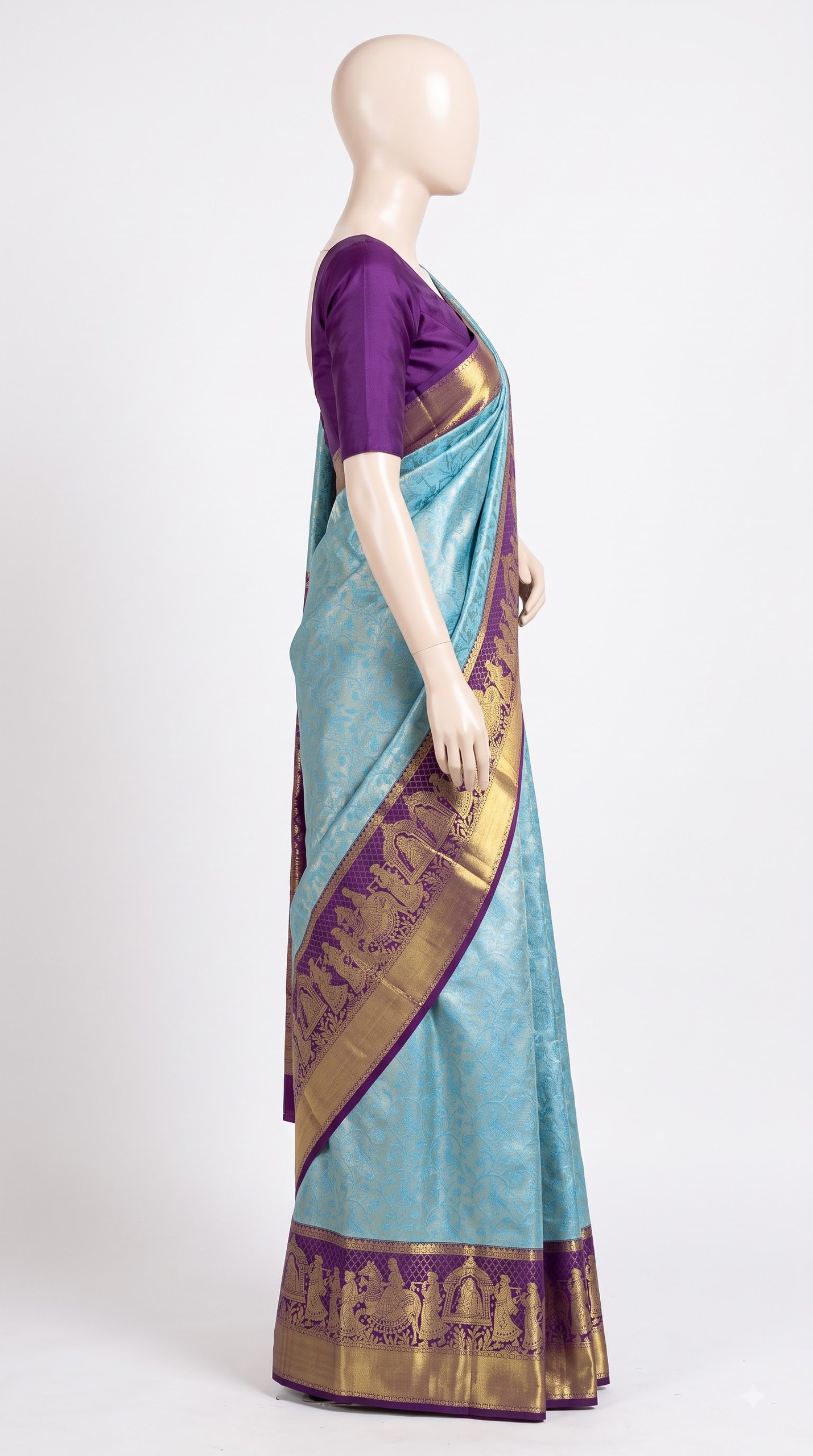 Pure Kanjivaram Silk Saree – Aqua Blue Purple Gold Temple view 3 - Rangam Saradha Silks