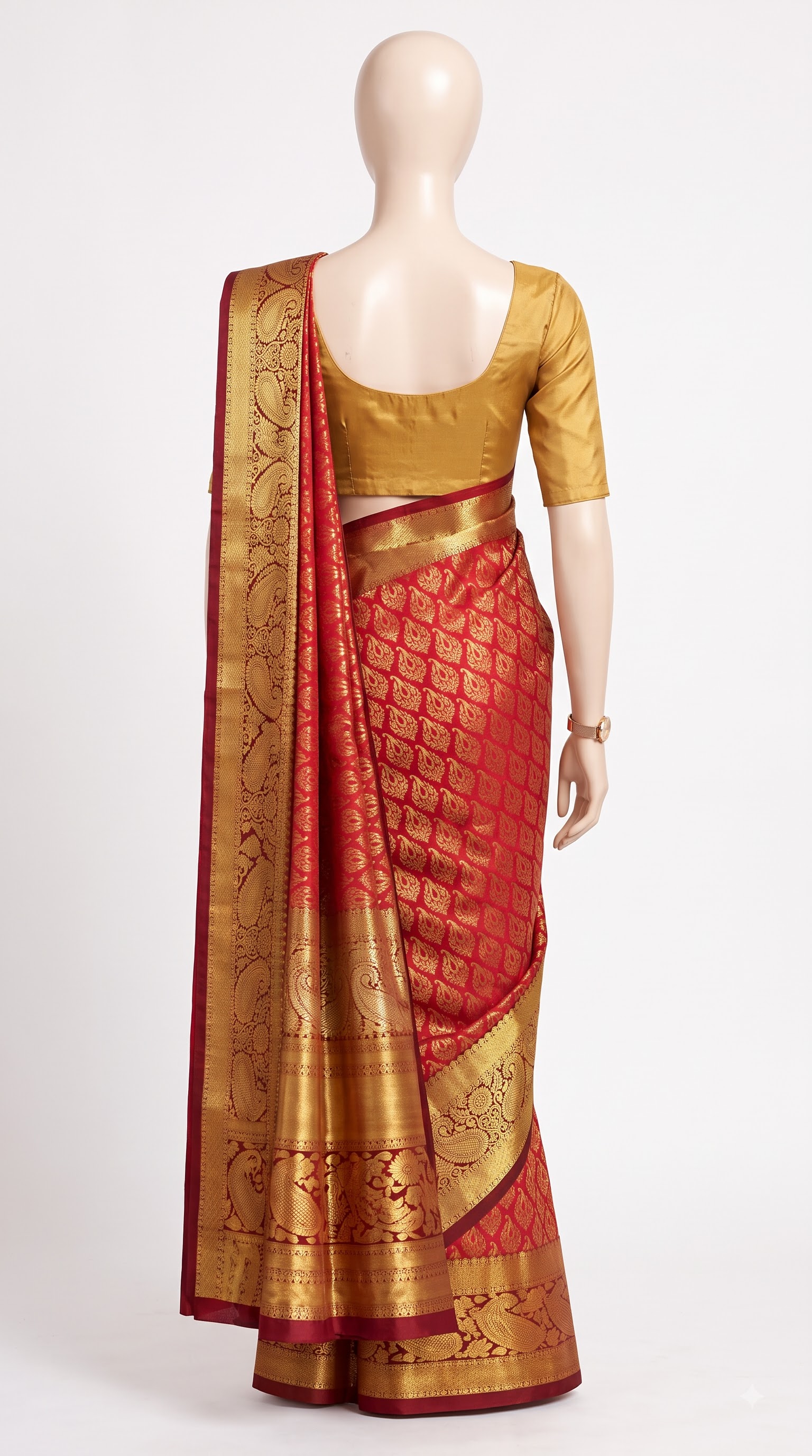 Pure Kanjivaram Silk Saree – Coral Red Antique Gold Peacock view 4 - Rangam Saradha Silks
