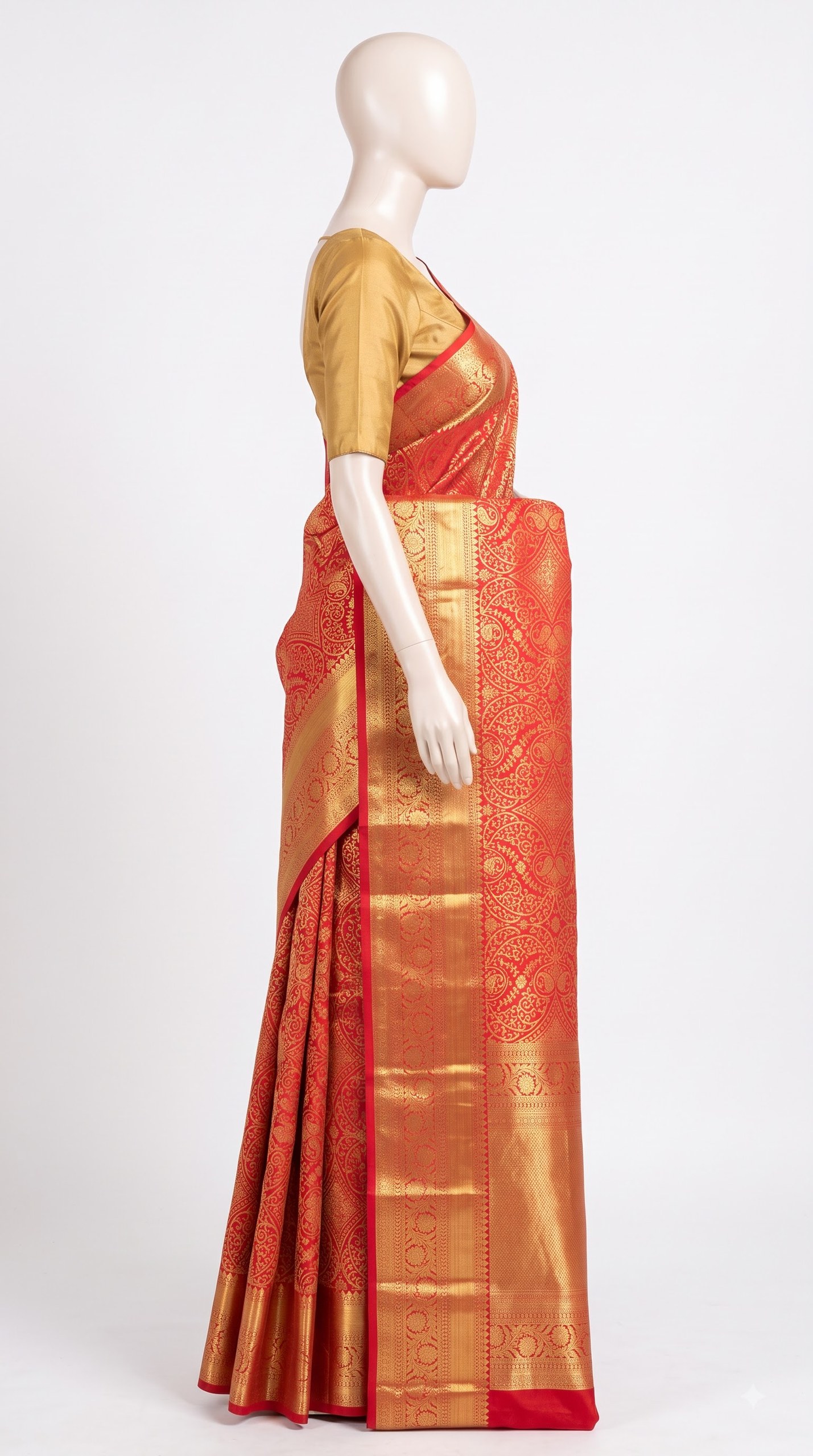 Pure Kanjivaram Silk Saree – Vermilion Red Gold Paisley detail