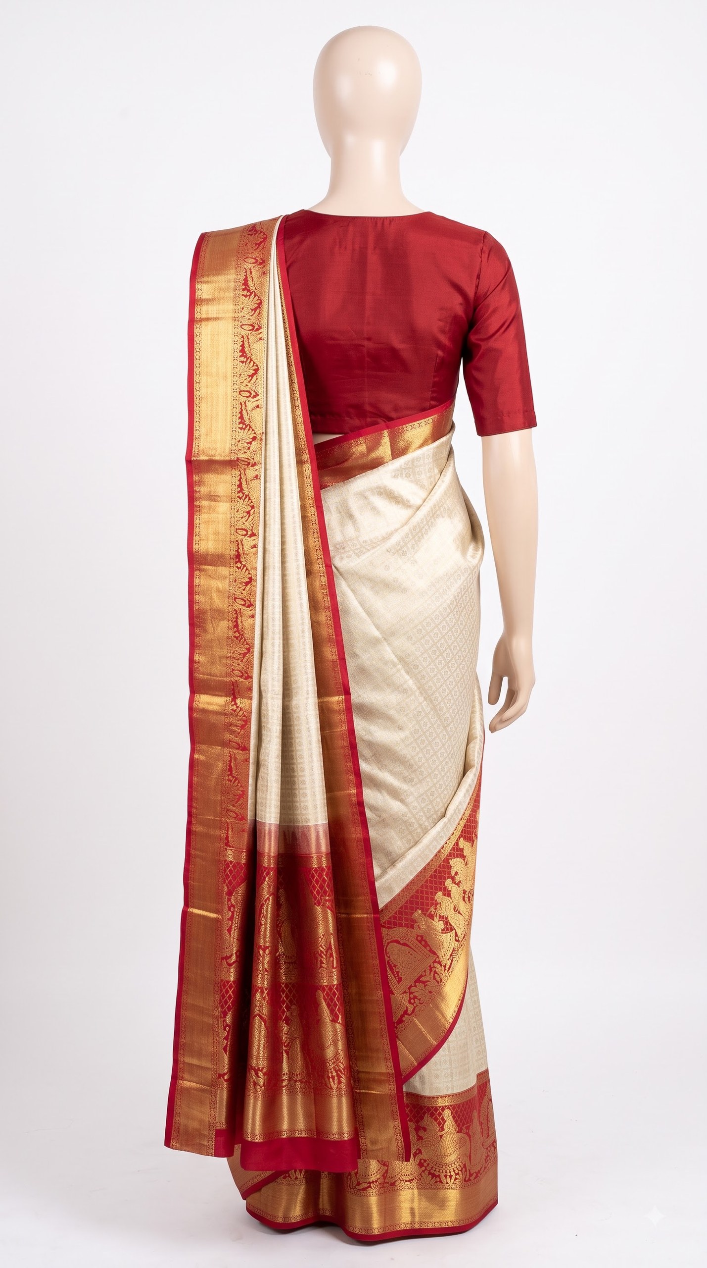Pure Kanjivaram Silk Saree – Ivory Red Gold Temple Procession view 6 - Rangam Saradha Silks