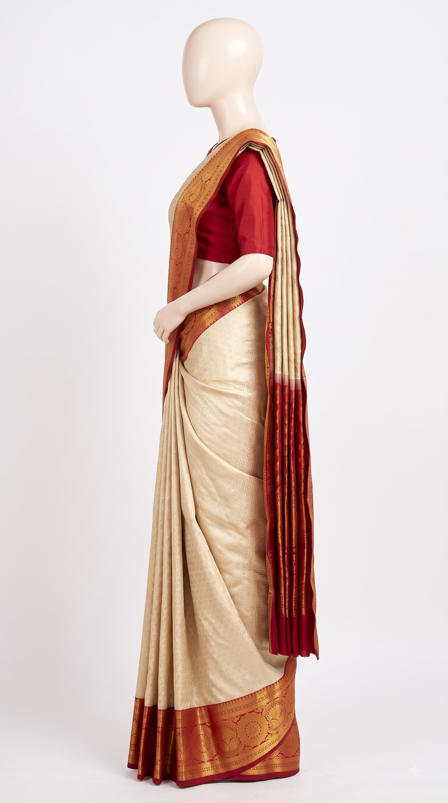 Pure Kanjivaram Silk Saree – Cream Gold Red Floral view 3 - Rangam Saradha Silks