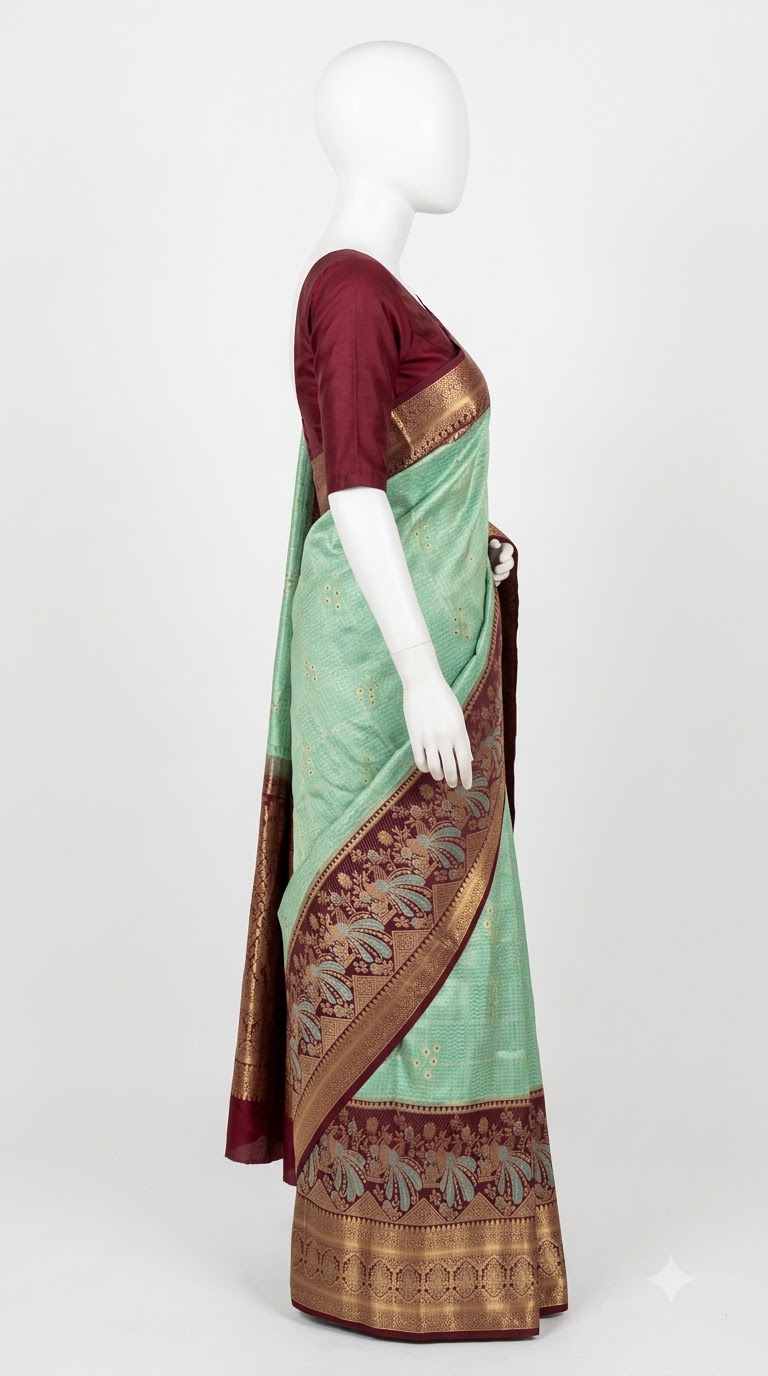 Pure Kanjivaram Silk Saree – Mint Green Wine Gold view 2 - Rangam Saradha Silks