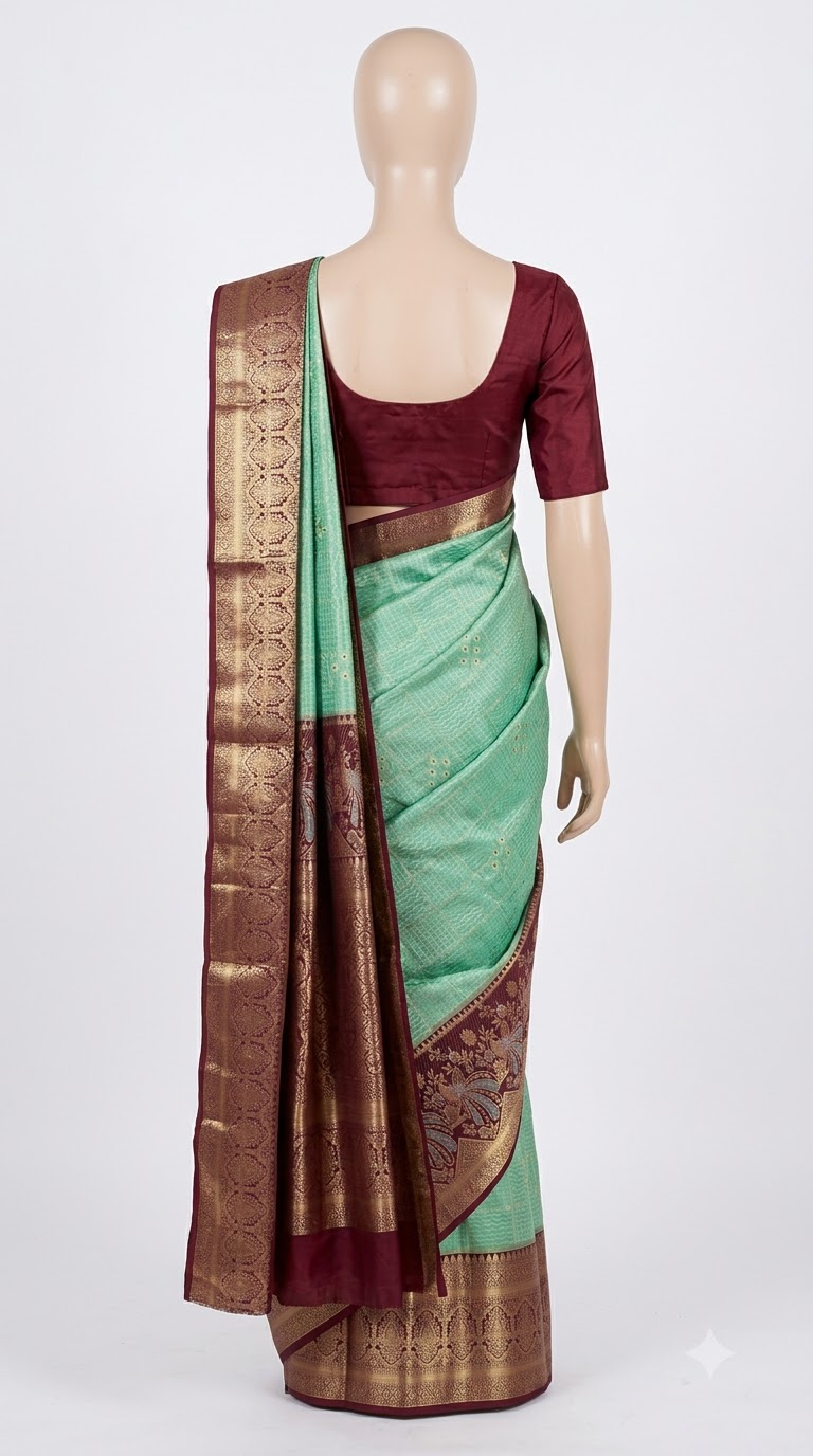 Pure Kanjivaram Silk Saree – Mint Green Wine Gold view 3 - Rangam Saradha Silks