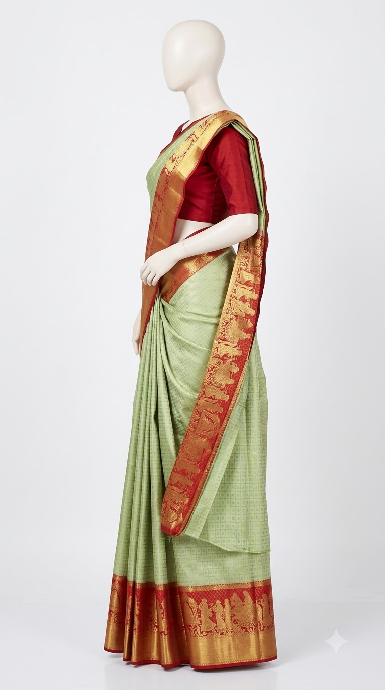 Pure Kanjivaram Silk Saree – Mint Green Maroon Gold view 3 - Rangam Saradha Silks