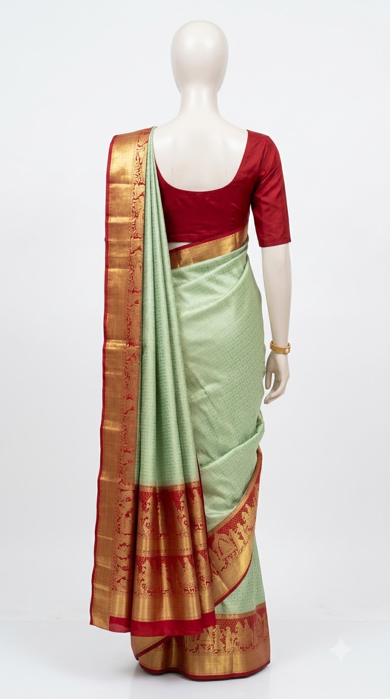 Pure Kanjivaram Silk Saree – Mint Green Maroon Gold view 4 - Rangam Saradha Silks