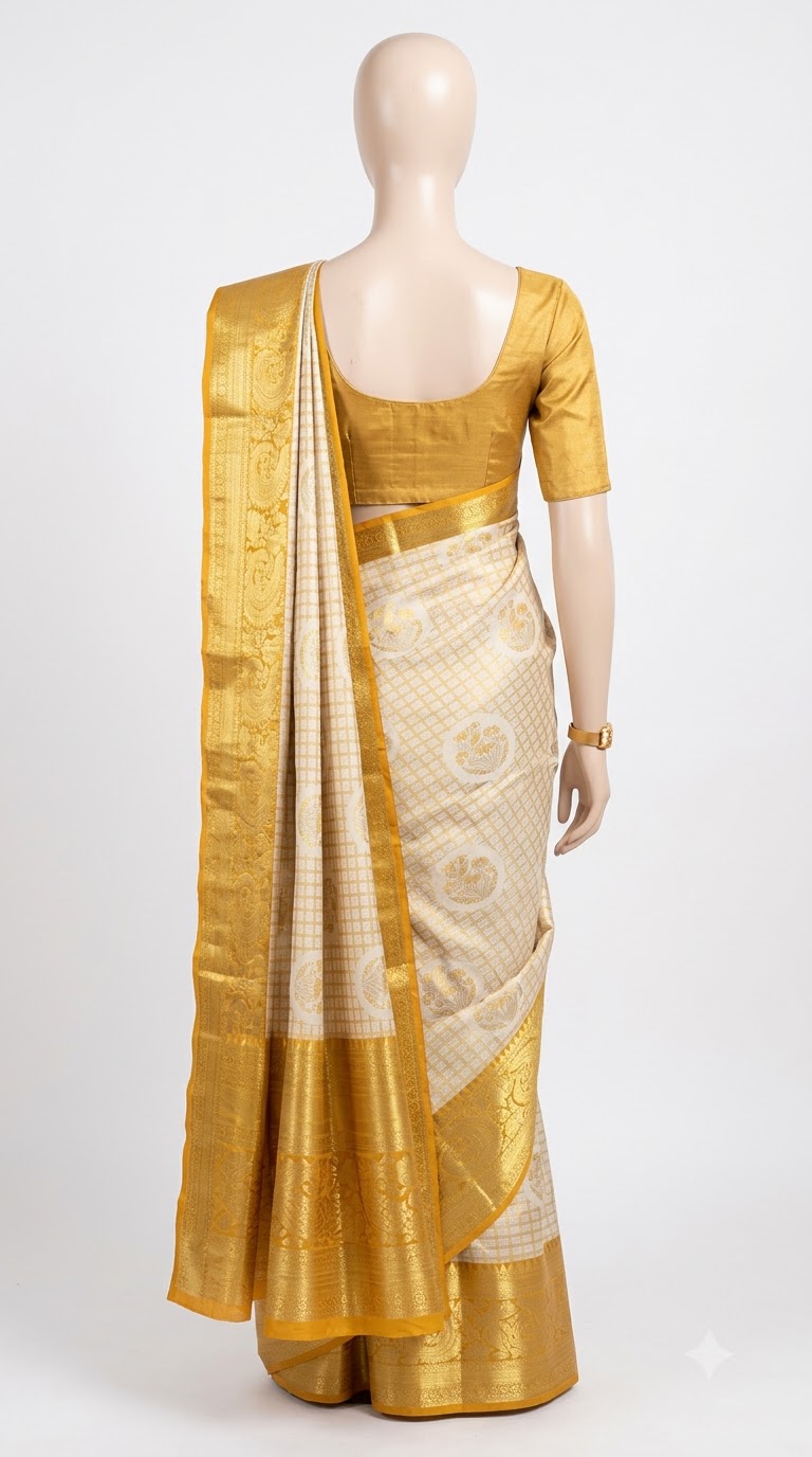Pure Kanjivaram Silk Saree – Ivory Gold view 3 - Rangam Saradha Silks