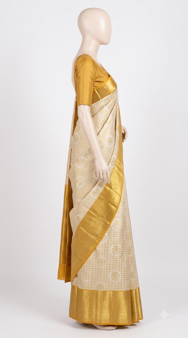 Pure Kanjivaram Silk Saree – Ivory Gold view 4 - Rangam Saradha Silks