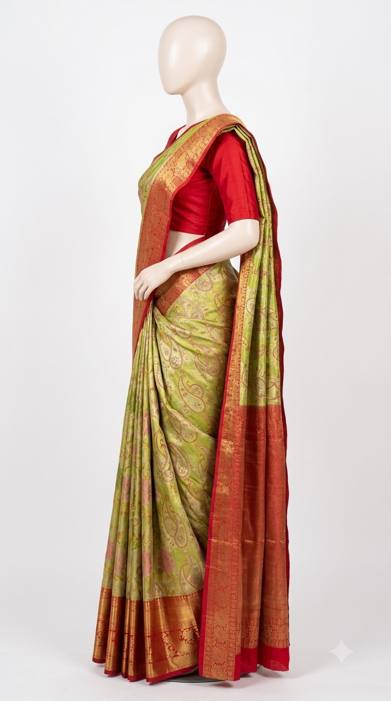 Pure Kanjivaram Silk Saree – Parrot Green Red Gold view 3 - Rangam Saradha Silks