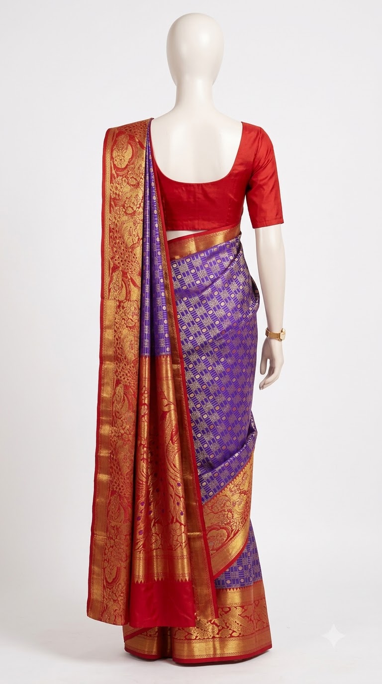 Pure Kanjivaram Silk Saree – Royal Blue Red Gold Peacock view 3 - Rangam Saradha Silks