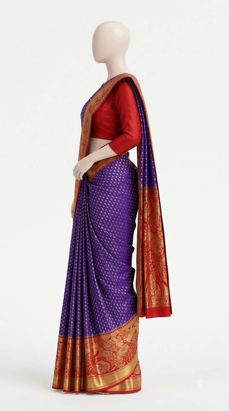 Pure Kanjivaram Silk Saree – Royal Blue Red Gold Peacock view 4 - Rangam Saradha Silks