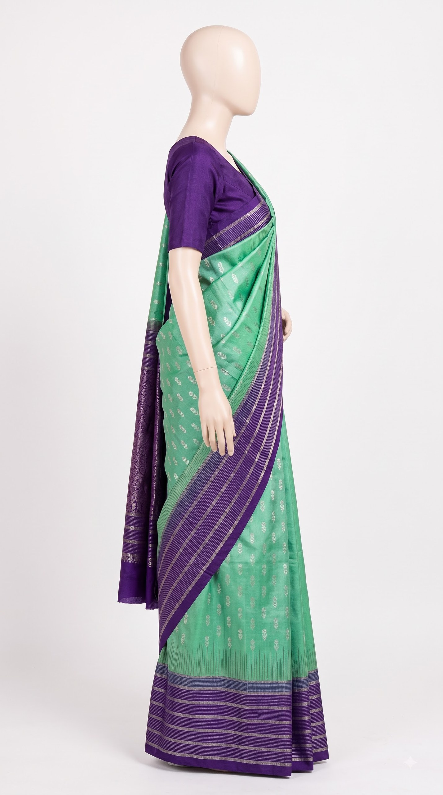 Mint Green Silk Saree with Deep Violet Striped Zari Border view 3 - Rangam Saradha Silks