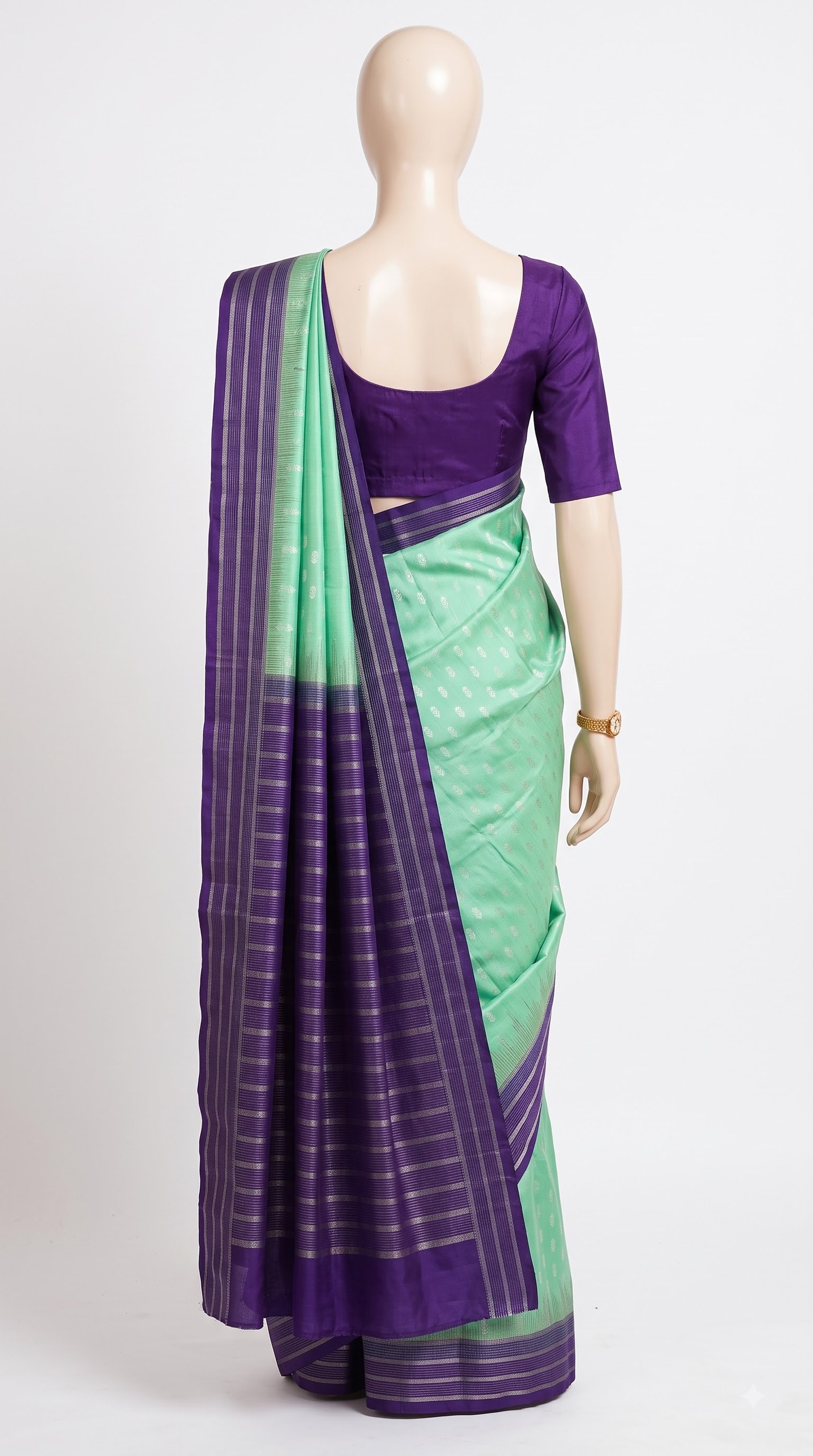 Mint Green Silk Saree with Deep Violet Striped Zari Border view 4 - Rangam Saradha Silks