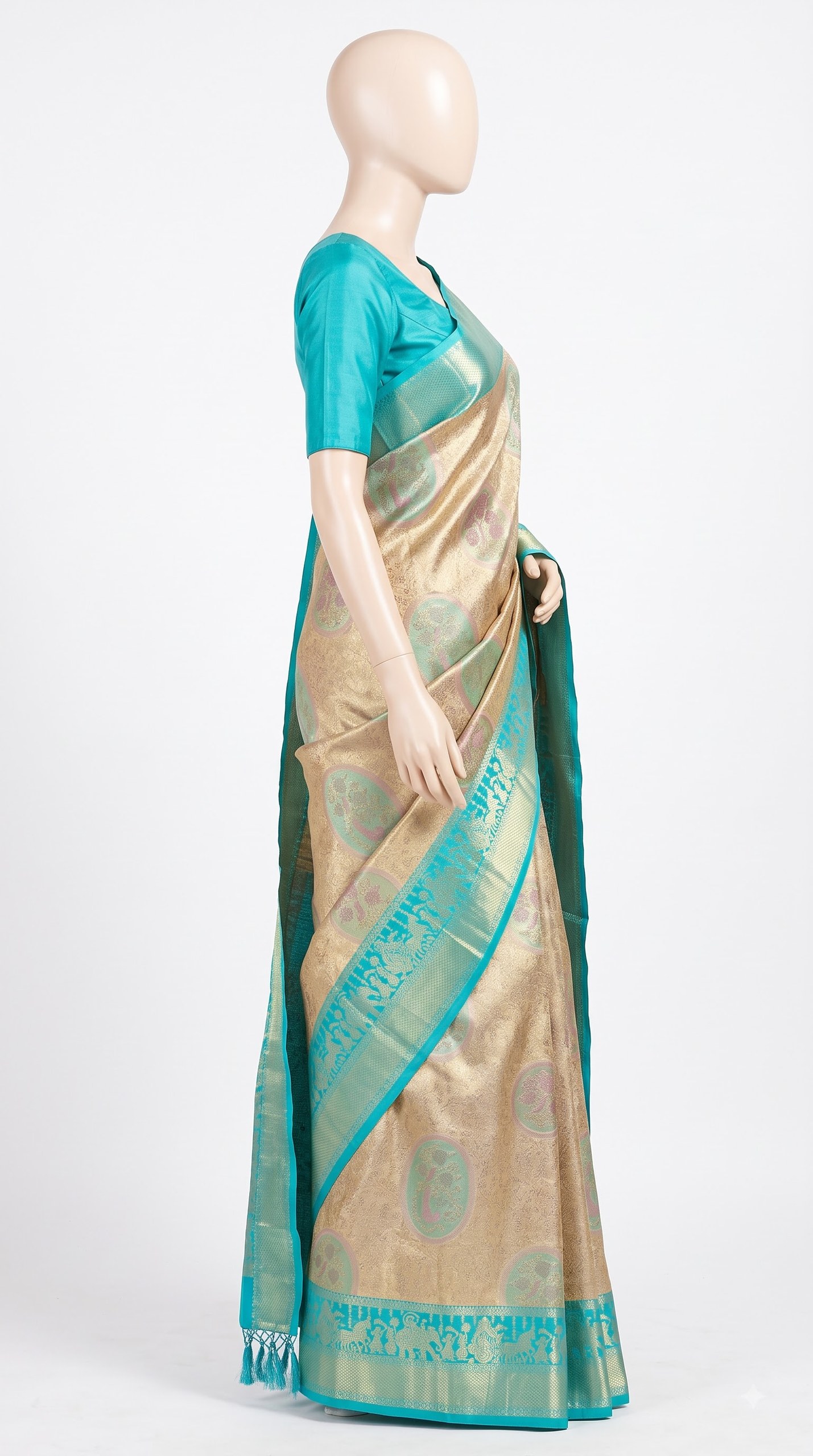 Pearl Mist Silk Saree with Aqua Peacock Medallions and Zari Pallu view 3 - Rangam Saradha Silks