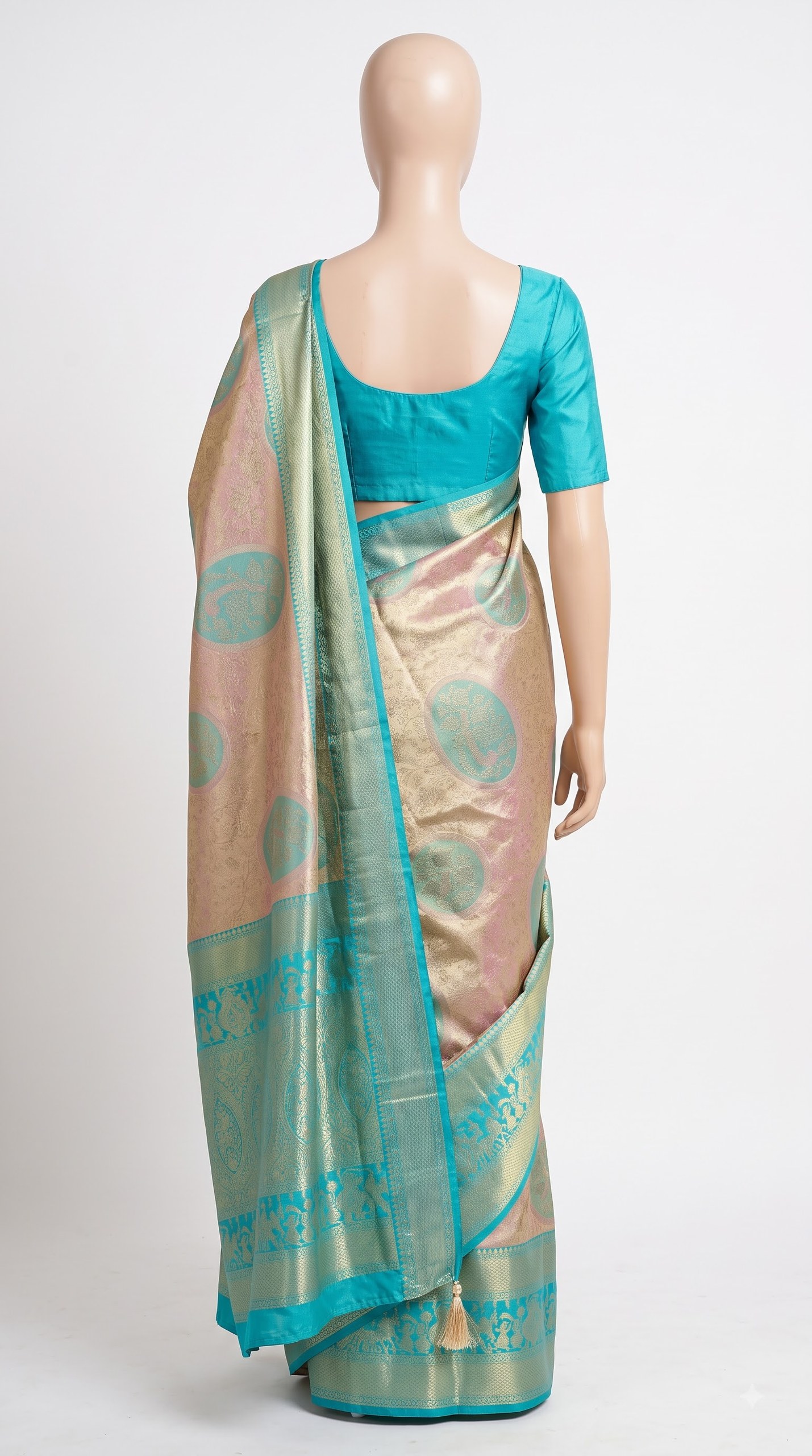 Pearl Mist Silk Saree with Aqua Peacock Medallions and Zari Pallu view 4 - Rangam Saradha Silks