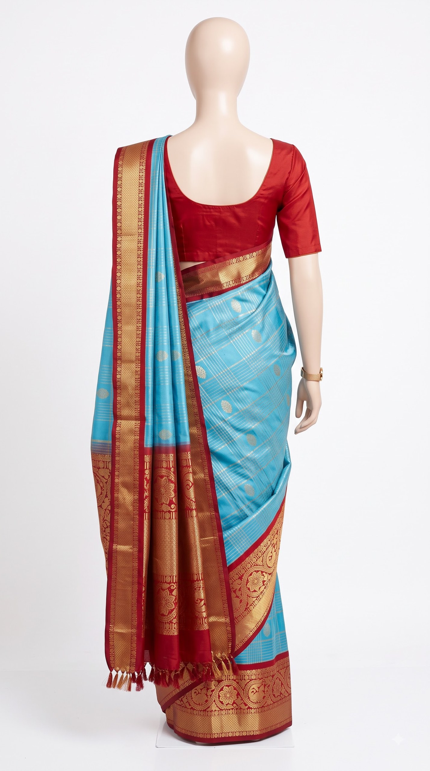 Turquoise Blue Silk Saree with Crimson Zari Paisley Border view 2 - Rangam Saradha Silks