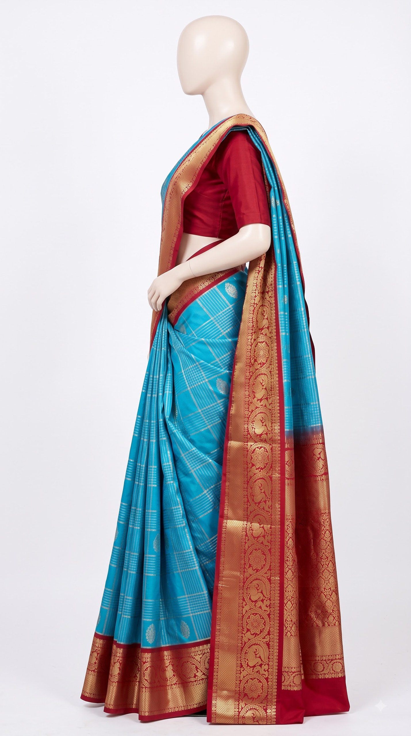Turquoise Blue Silk Saree with Crimson Zari Paisley Border view 3 - Rangam Saradha Silks