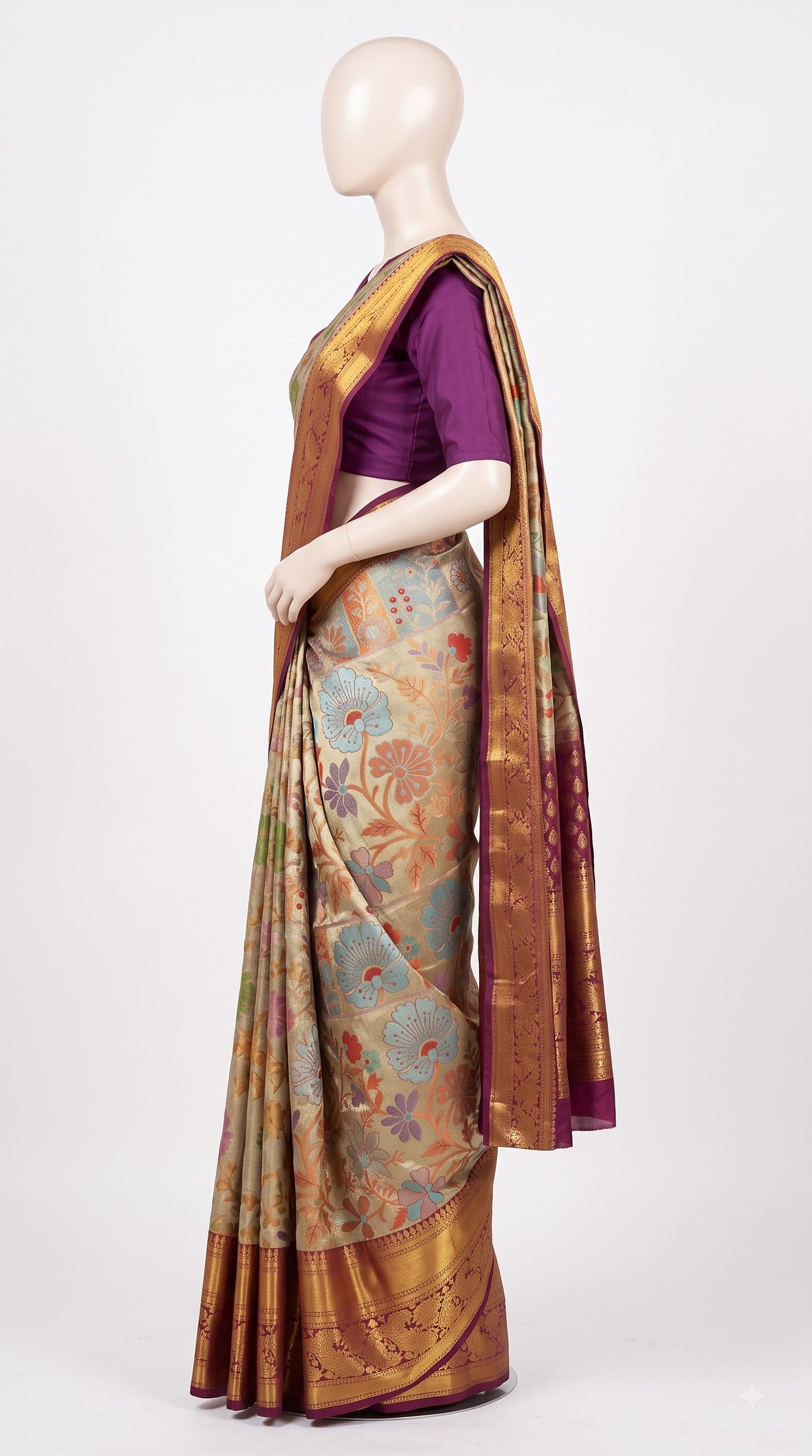 Sage Floral Silk Saree with Multicolor Botanical Weave view 3 - Rangam Saradha Silks