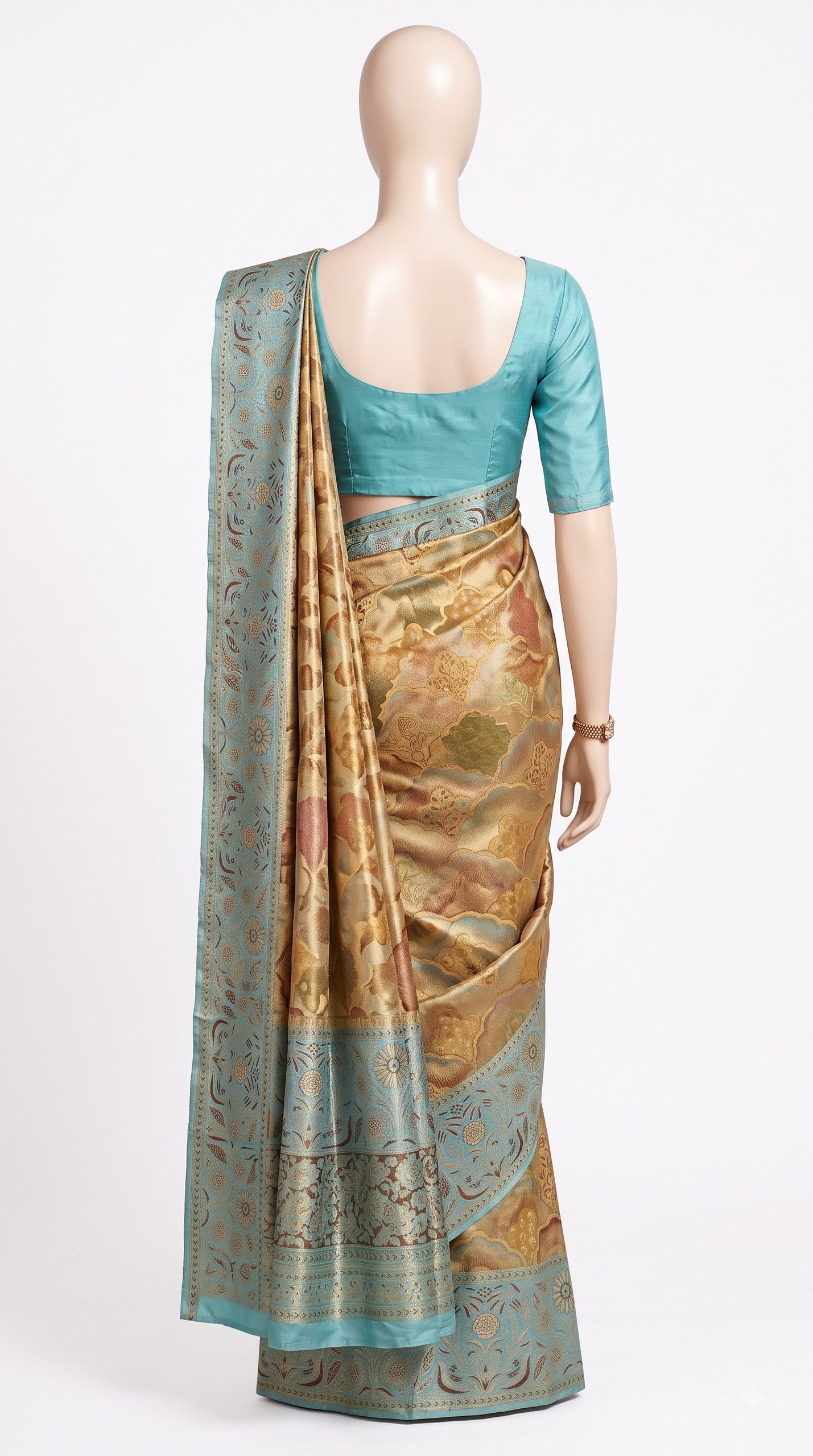 Pure Kanjivaram Silk Saree – Sage Green Aqua Blue Gold Floral view 3 - Rangam Saradha Silks