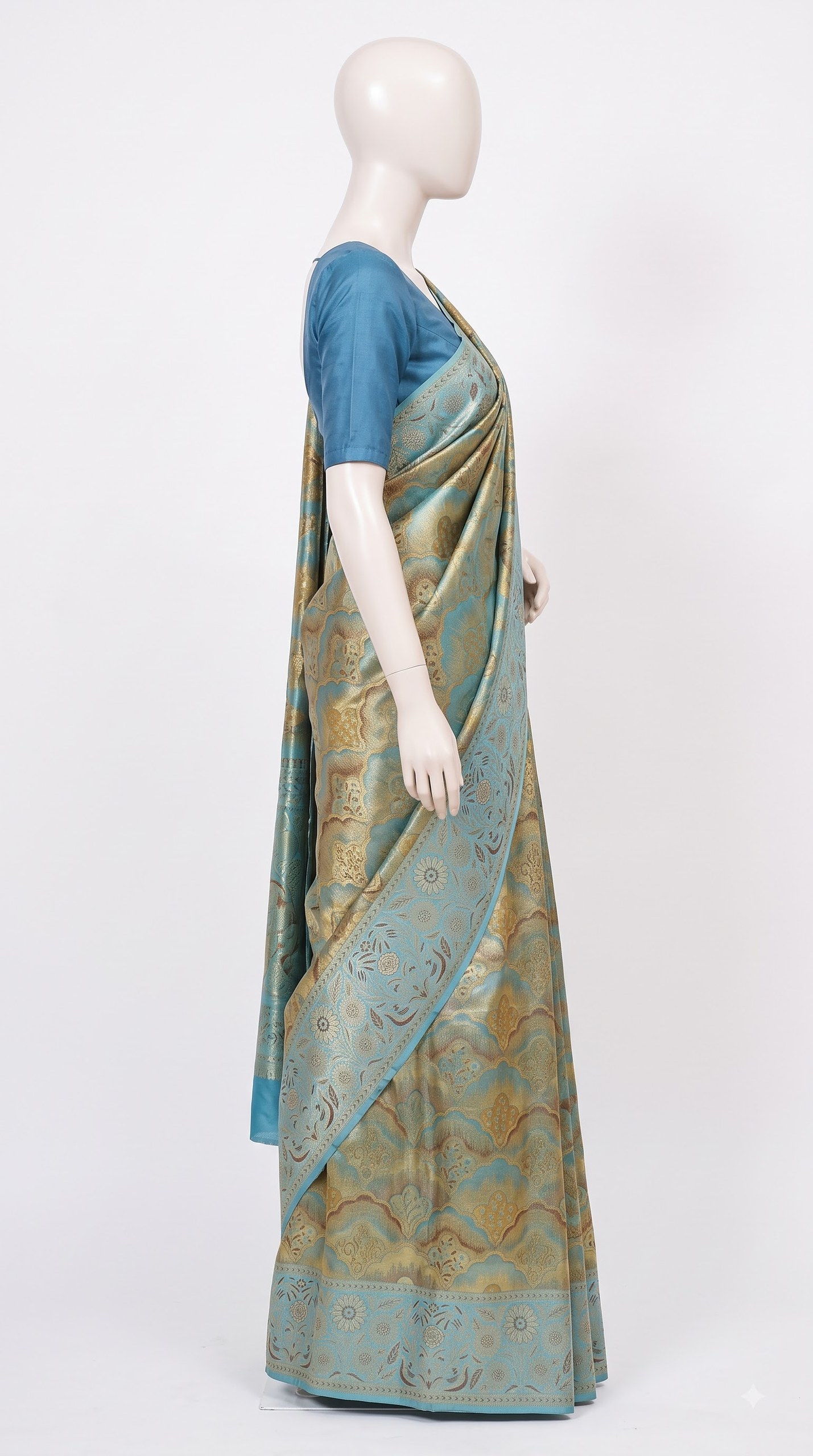Pure Kanjivaram Silk Saree – Sage Green Aqua Blue Gold Floral view 4 - Rangam Saradha Silks