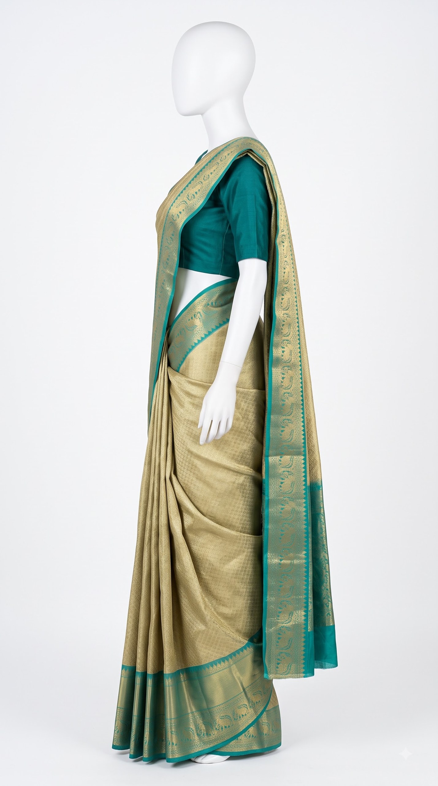 Pure Kanjivaram Silk Saree – Gold Teal Blue Elephant Zari view 3 - Rangam Saradha Silks