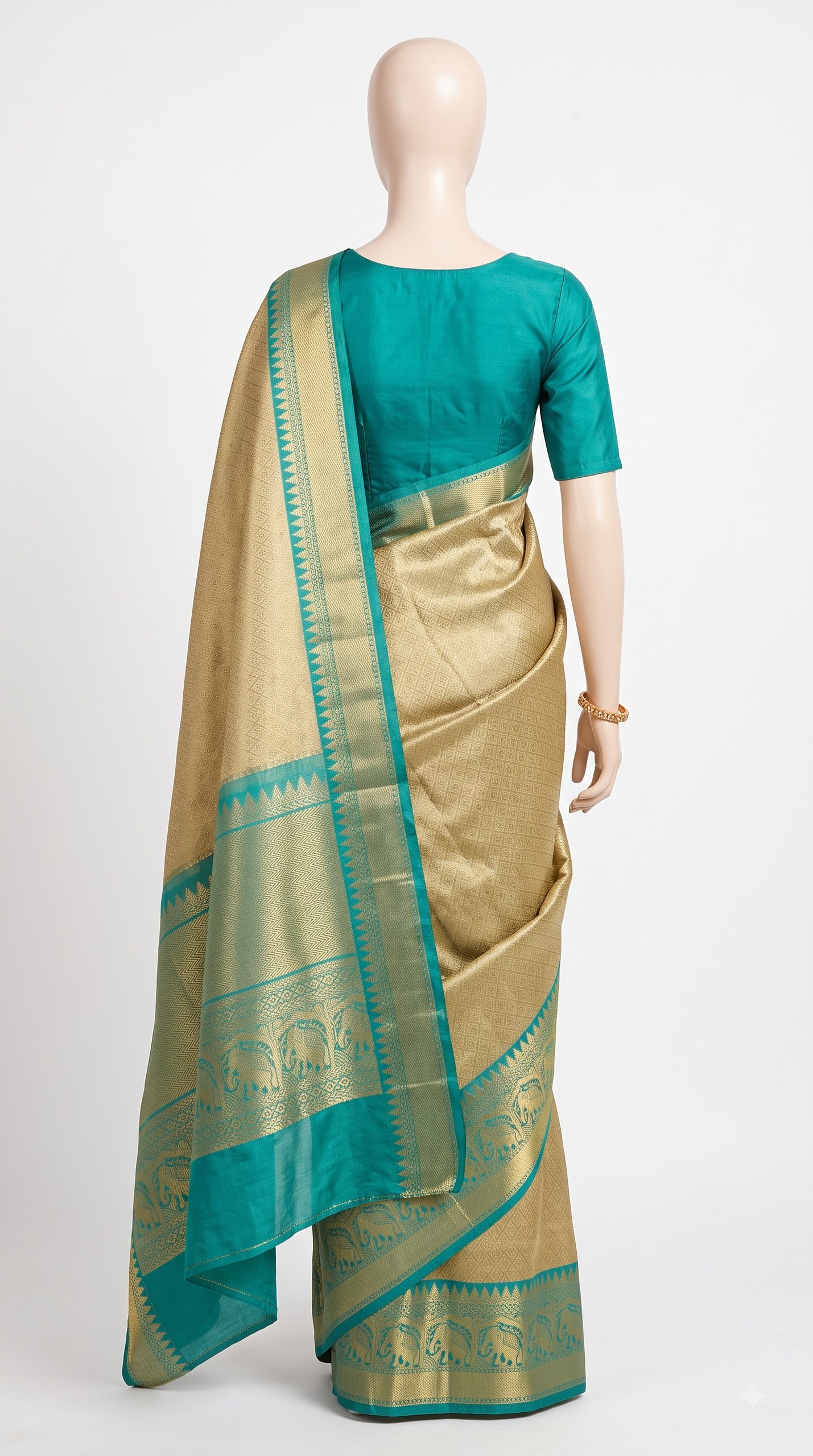 Pure Kanjivaram Silk Saree – Gold Teal Blue Elephant Zari view 4 - Rangam Saradha Silks