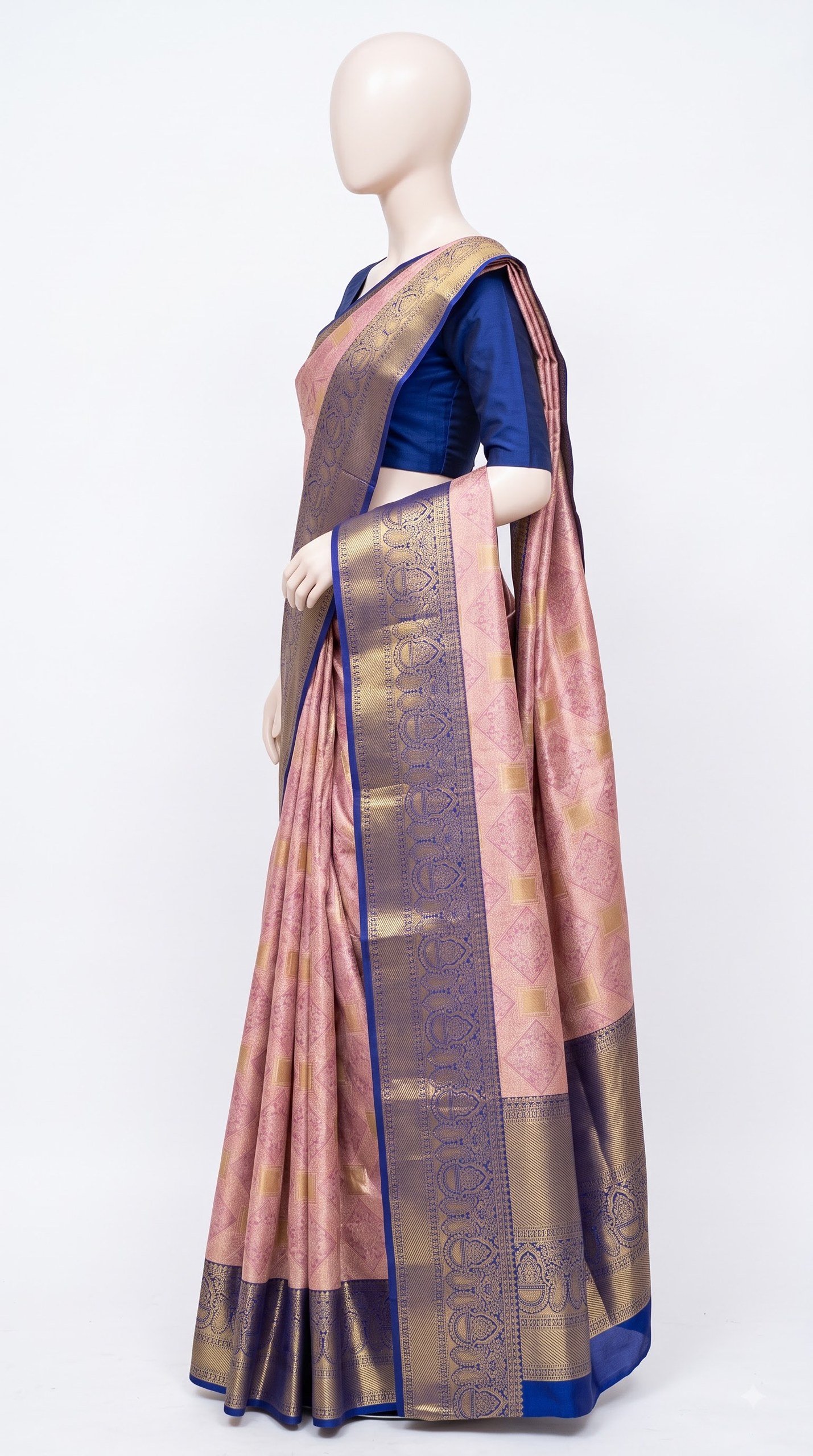 Pure Kanjivaram Silk Saree – Dusty Rose Royal Blue Gold Diamond view 3 - Rangam Saradha Silks
