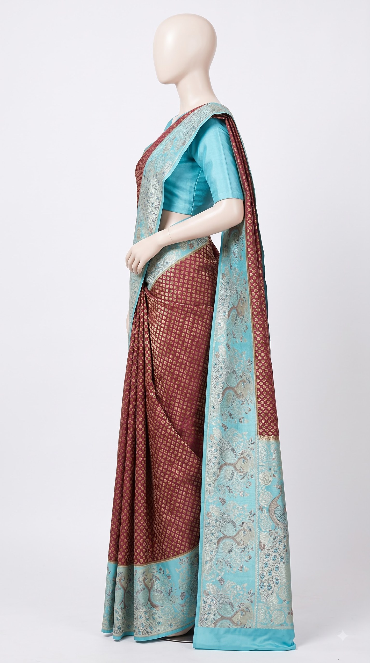 Pure Kanjivaram Silk Saree – Maroon Aqua Blue Gold Peacock view 2 - Rangam Saradha Silks