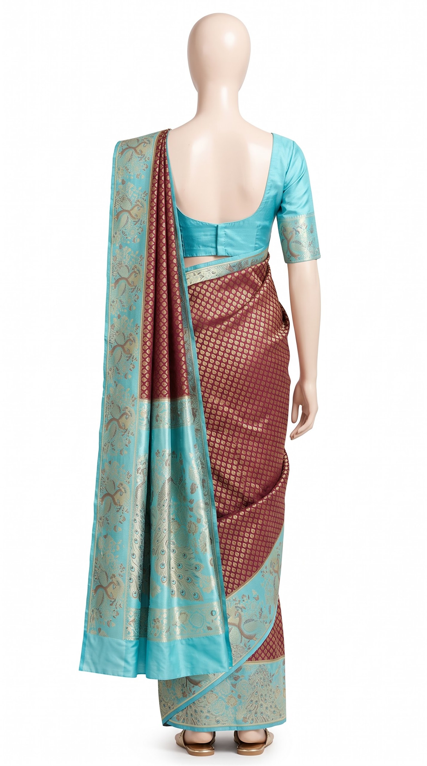 Pure Kanjivaram Silk Saree – Maroon Aqua Blue Gold Peacock view 3 - Rangam Saradha Silks