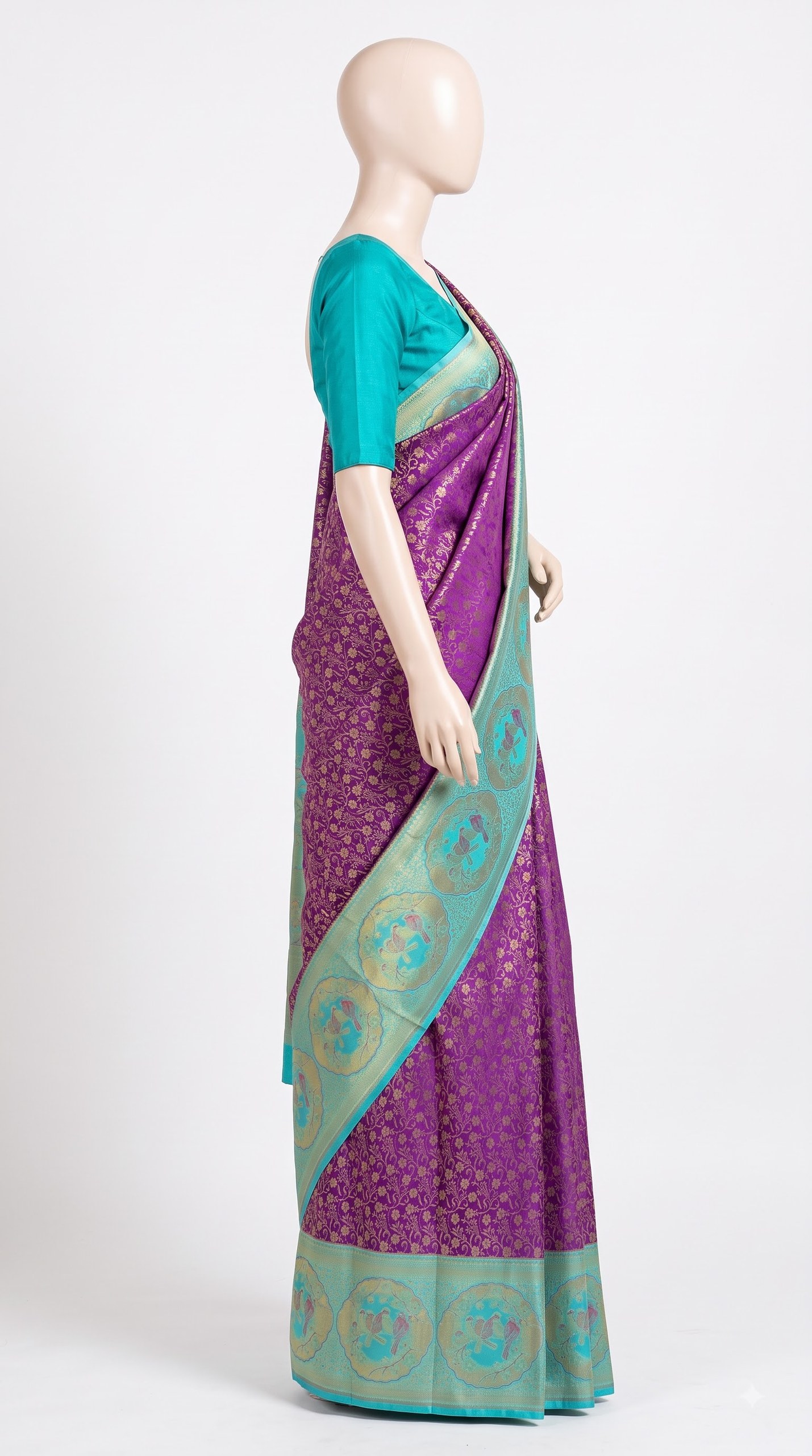 Pure Kanjivaram Silk Saree – Purple Aqua Blue Gold Bird Motif view 2 - Rangam Saradha Silks