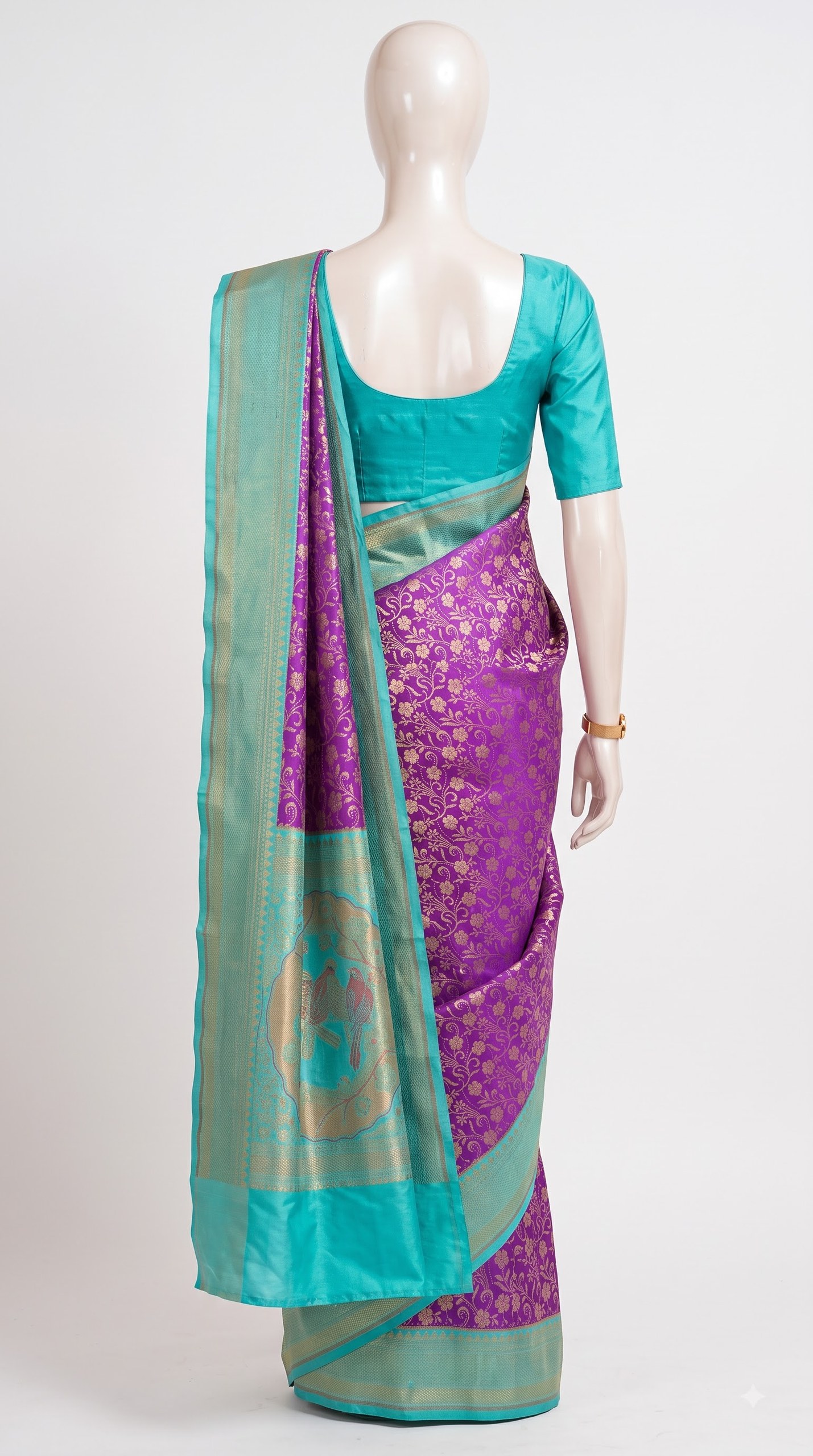 Pure Kanjivaram Silk Saree – Purple Aqua Blue Gold Bird Motif view 3 - Rangam Saradha Silks