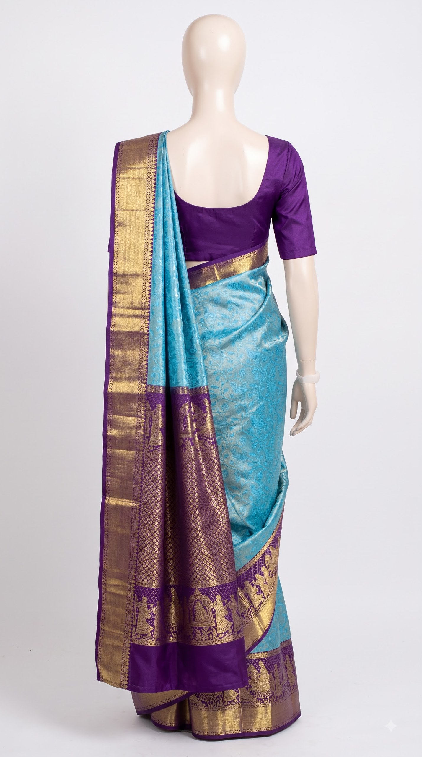 Pure Kanjivaram Silk Saree – Aqua Blue Purple Gold Temple view 4 - Rangam Saradha Silks