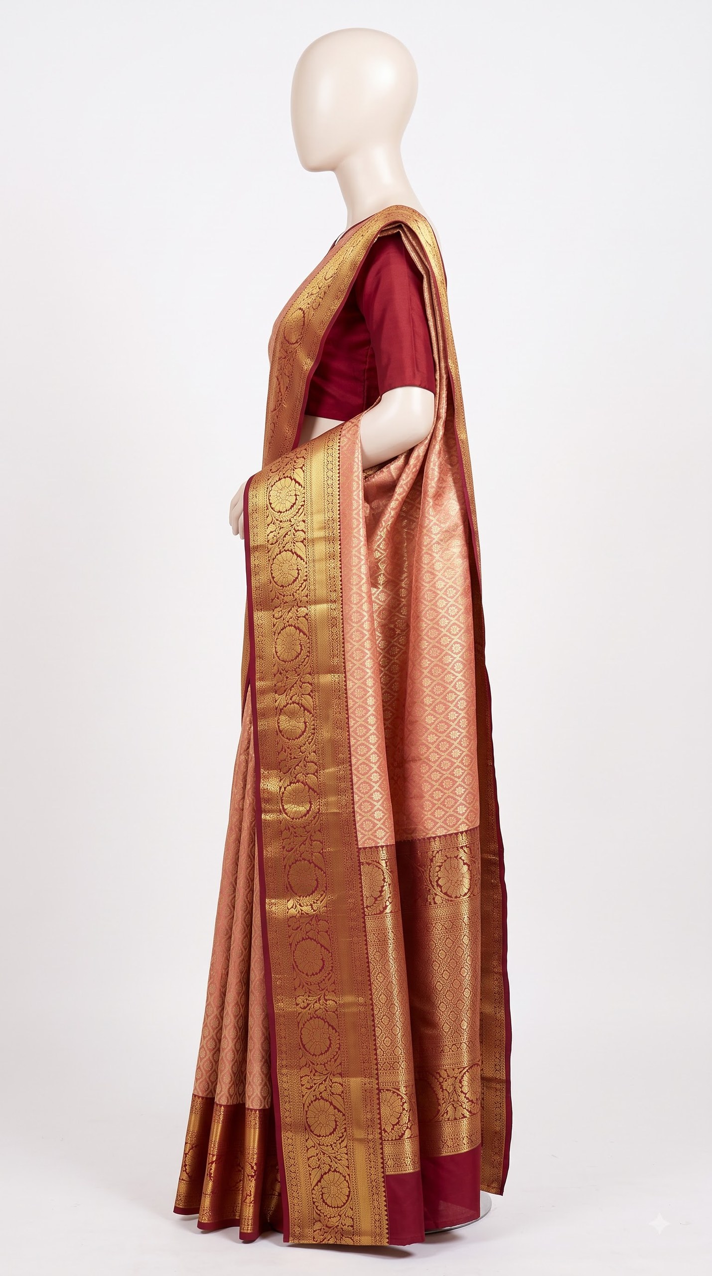 Pure Kanjivaram Silk Saree – Champagne Gold Maroon Floral view 4 - Rangam Saradha Silks