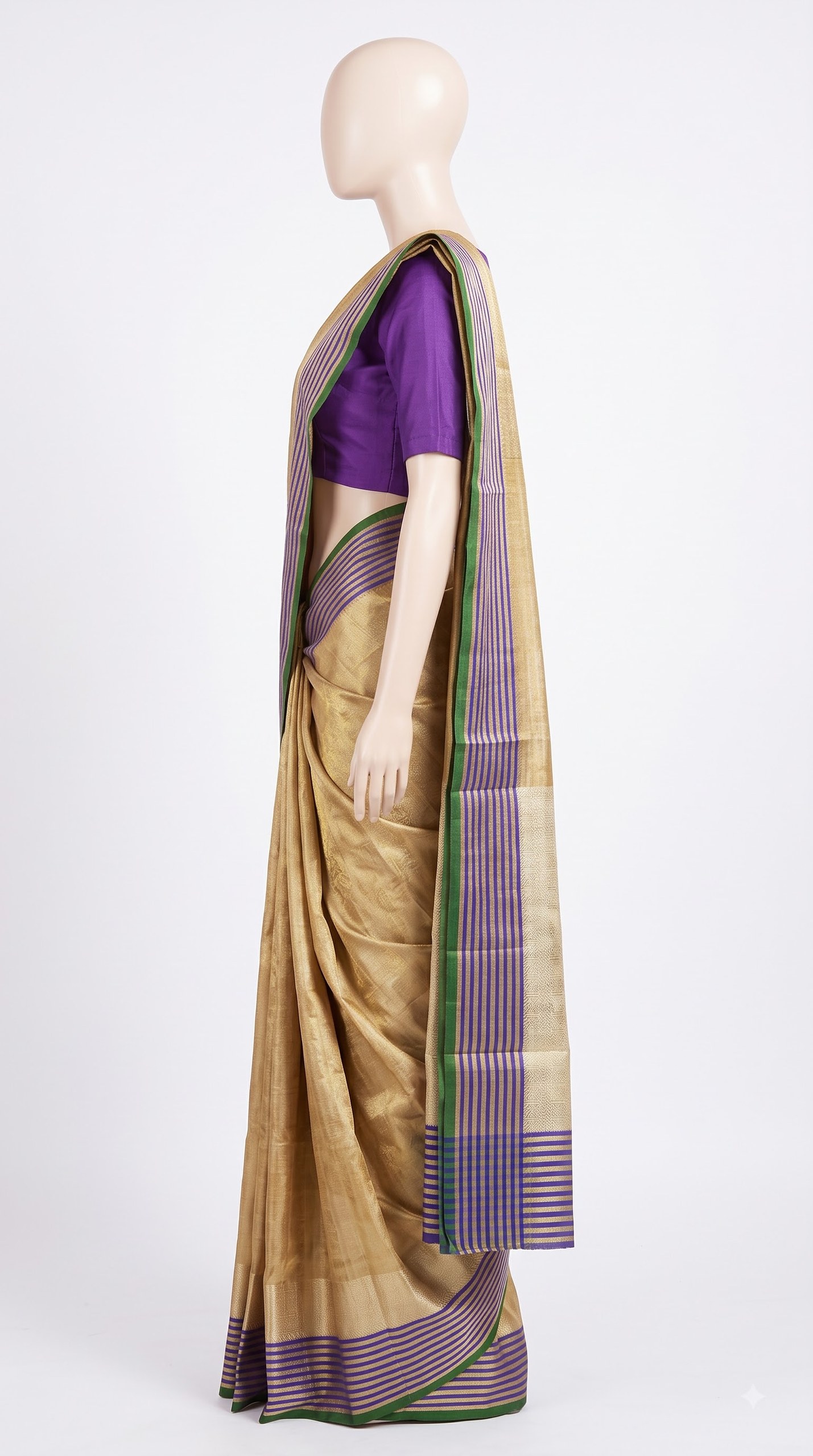 Pure Kanjivaram Silk Saree – Golden Beige Royal Blue Green view 3 - Rangam Saradha Silks