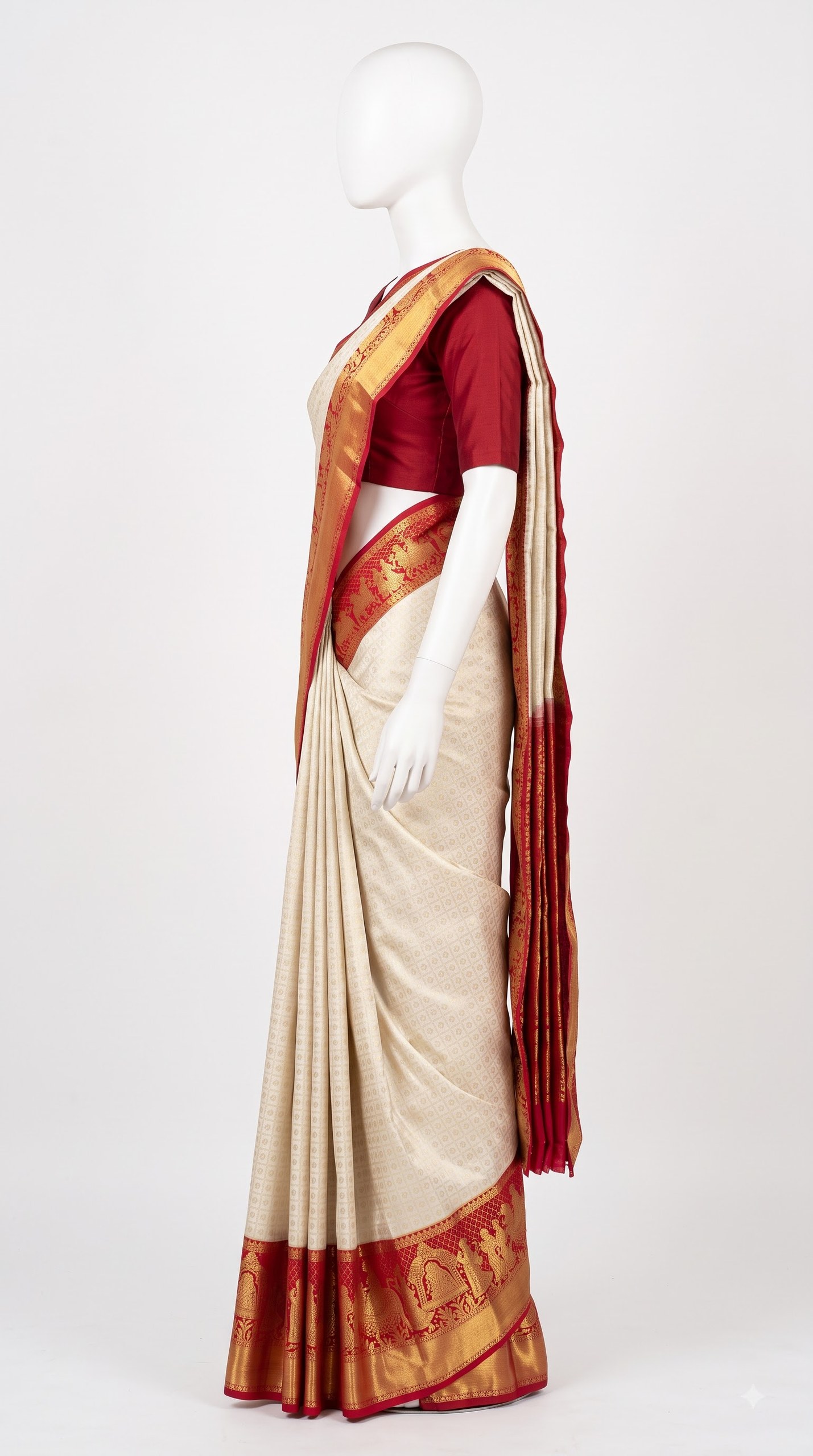 Pure Kanjivaram Silk Saree – Ivory Red Gold Temple Procession view 4 - Rangam Saradha Silks