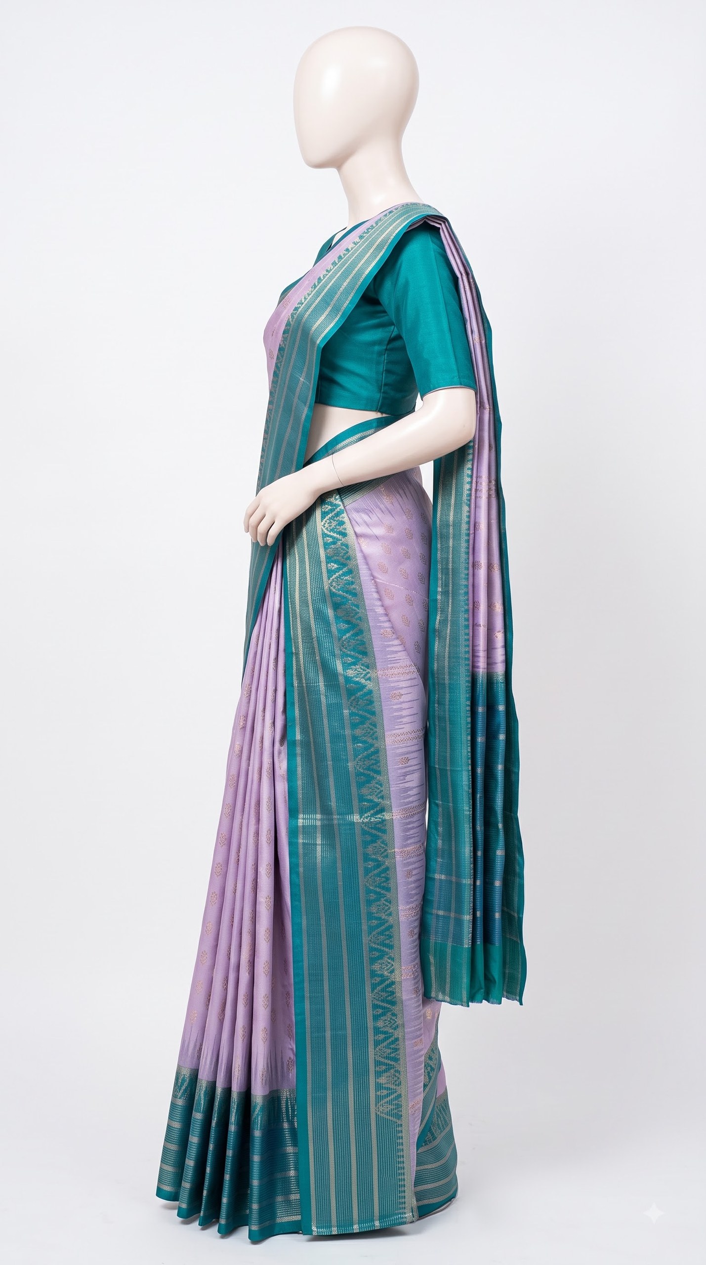 Pure Kanjivaram Silk Saree – Lavender Teal Silver Floral view 3 - Rangam Saradha Silks