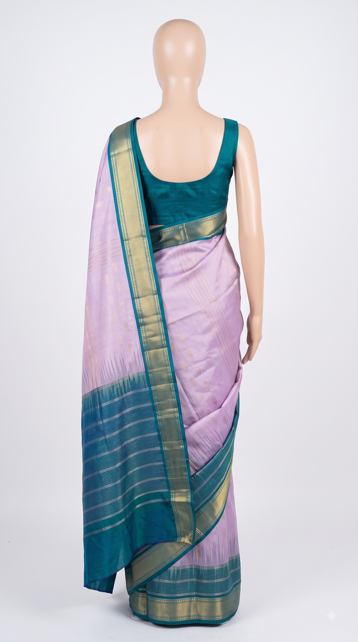 Pure Kanjivaram Silk Saree – Lavender Teal Silver Floral view 4 - Rangam Saradha Silks