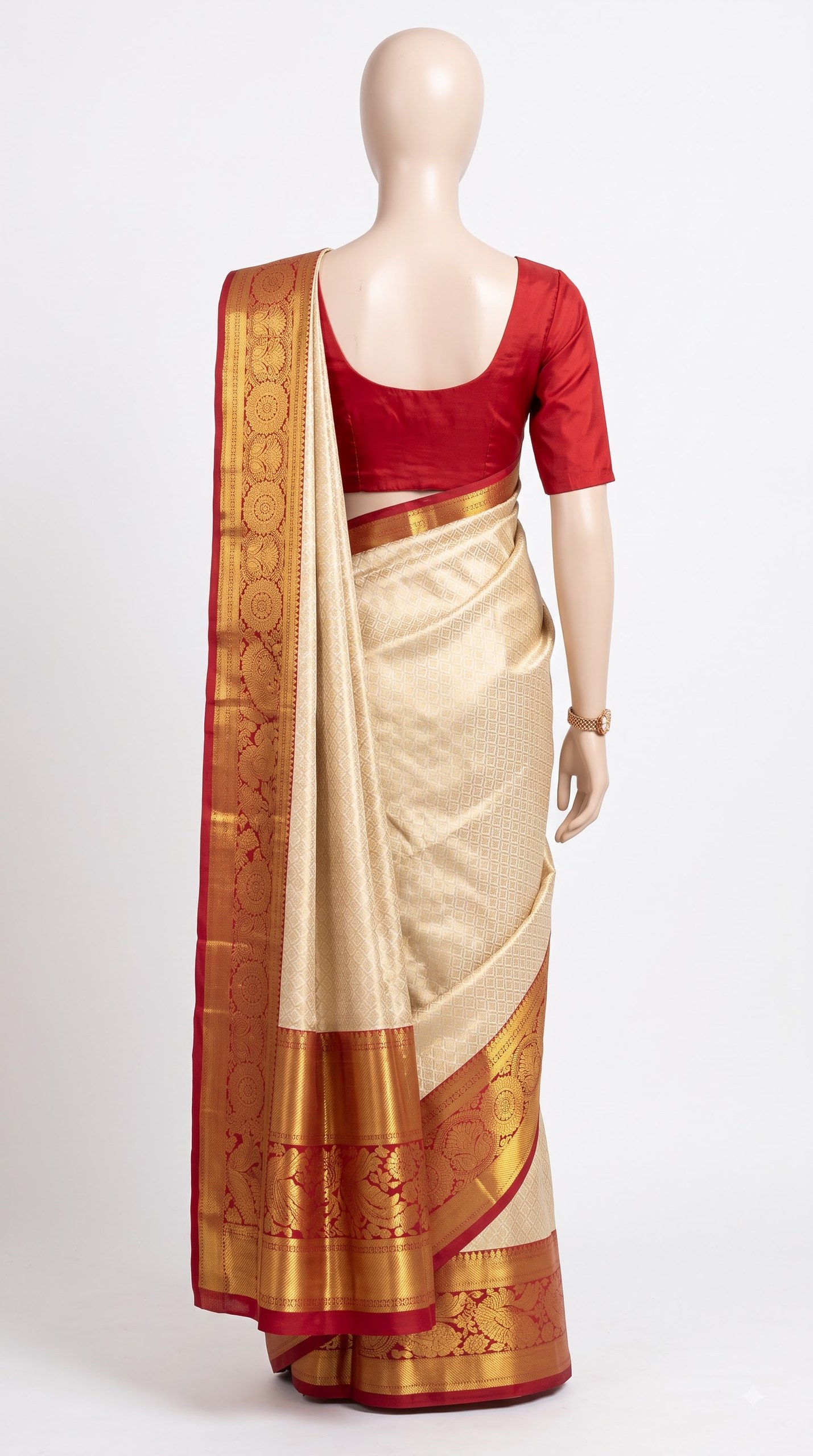 Pure Kanjivaram Silk Saree – Cream Gold Red Floral view 4 - Rangam Saradha Silks
